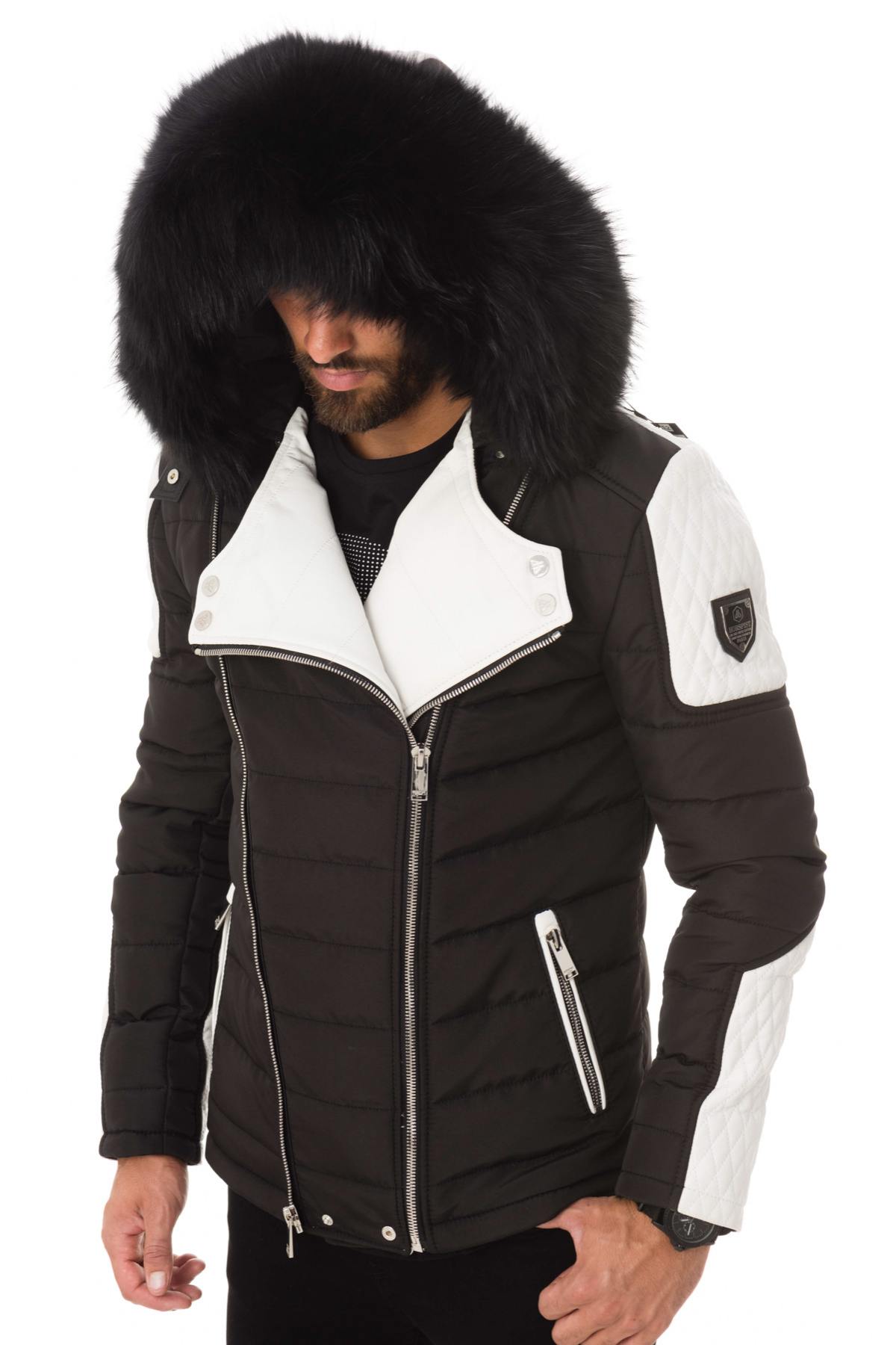 Men's black/white down jacket with black collar - Image n°1