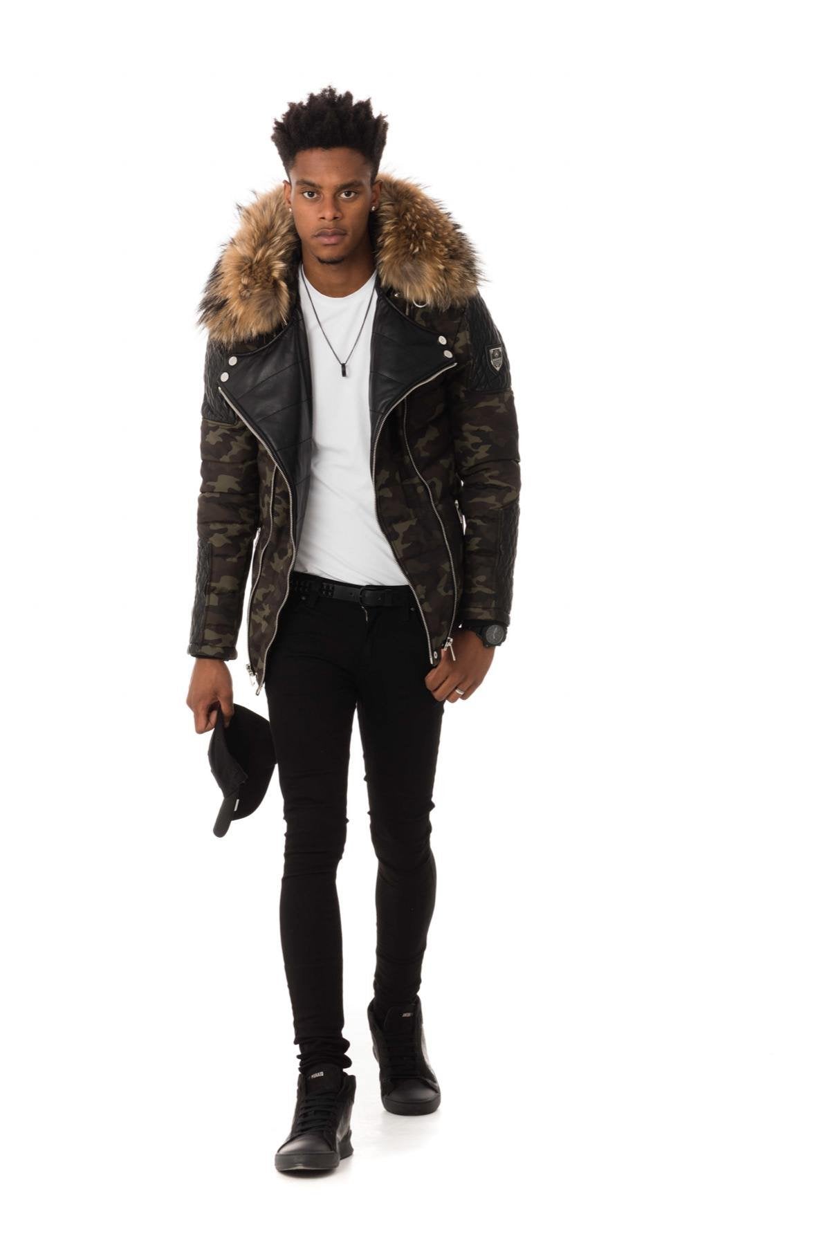 Men's camouflage down jacket with natural fur collar - Image n°2