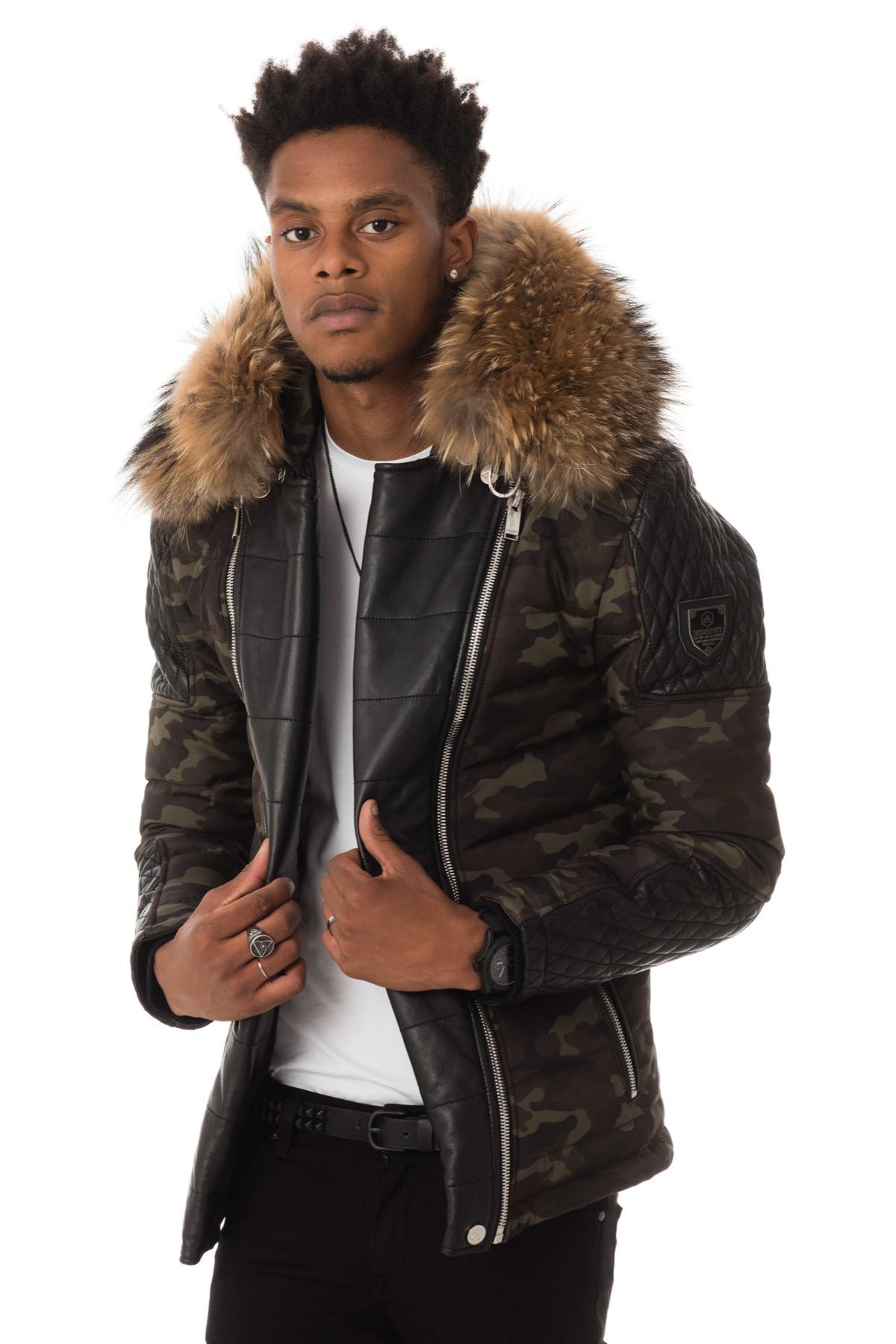 Men's camouflage down jacket with natural fur collar - Image n°1