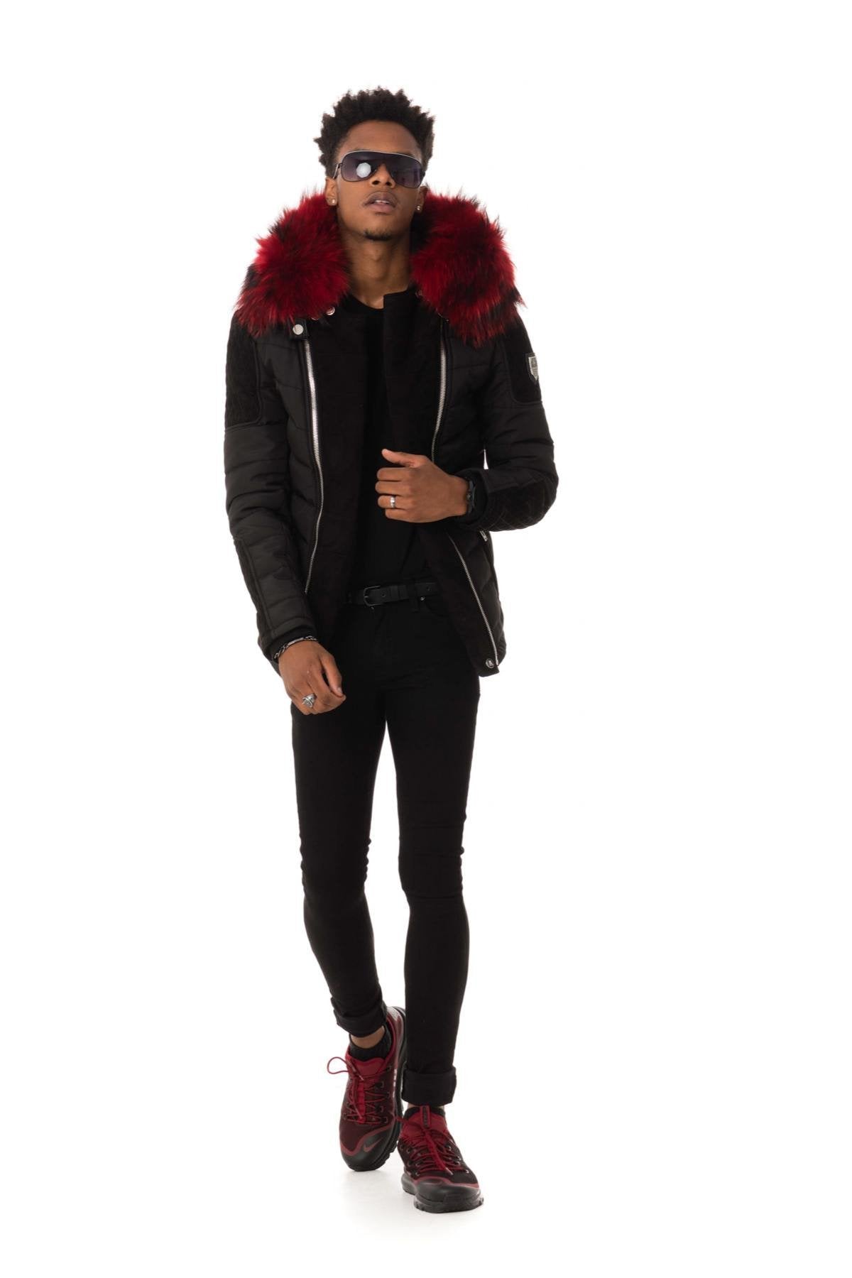 Black jacket with sublime red fur collar - Image n°2