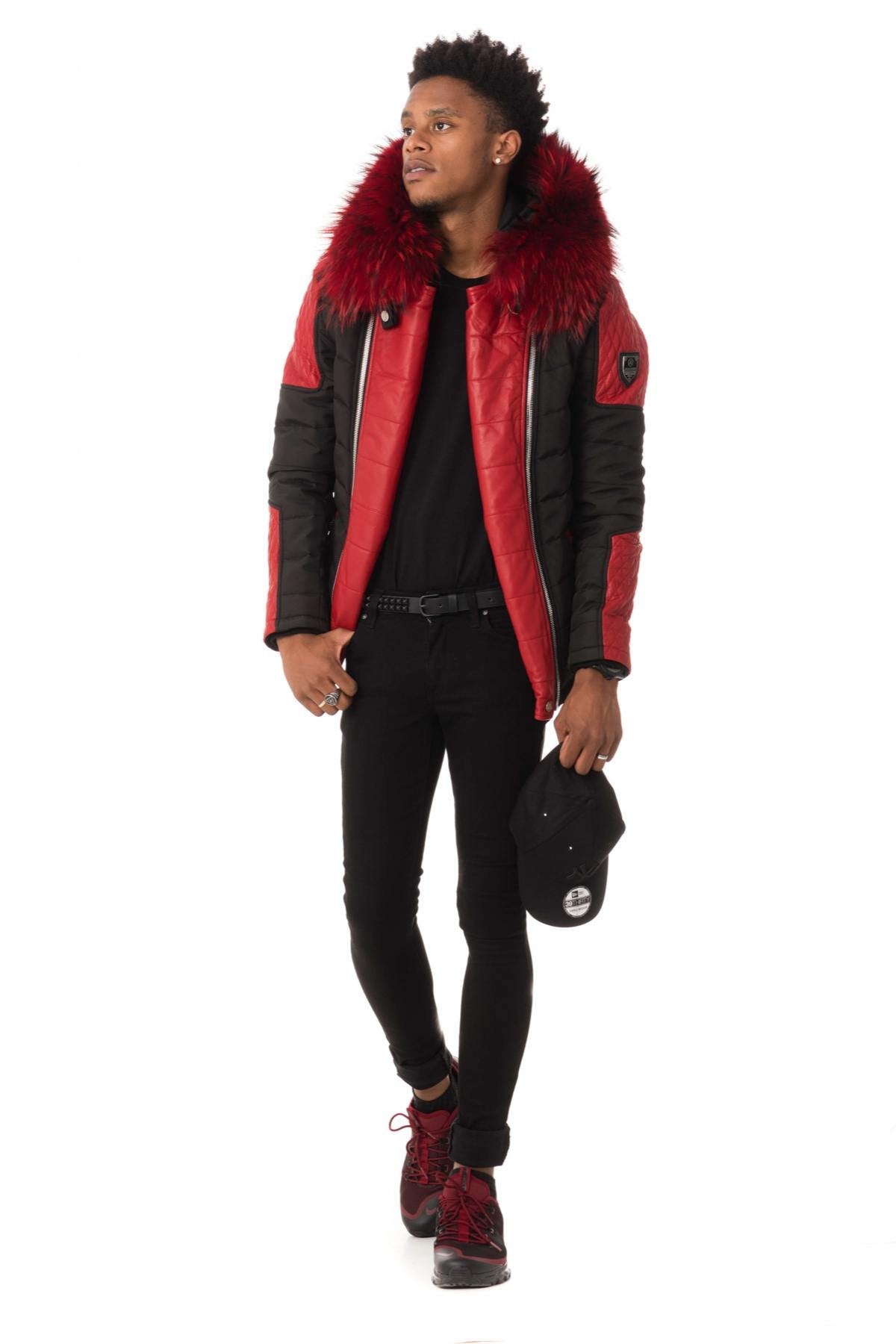 Black/red down jacket with red fur collar - Image n°2