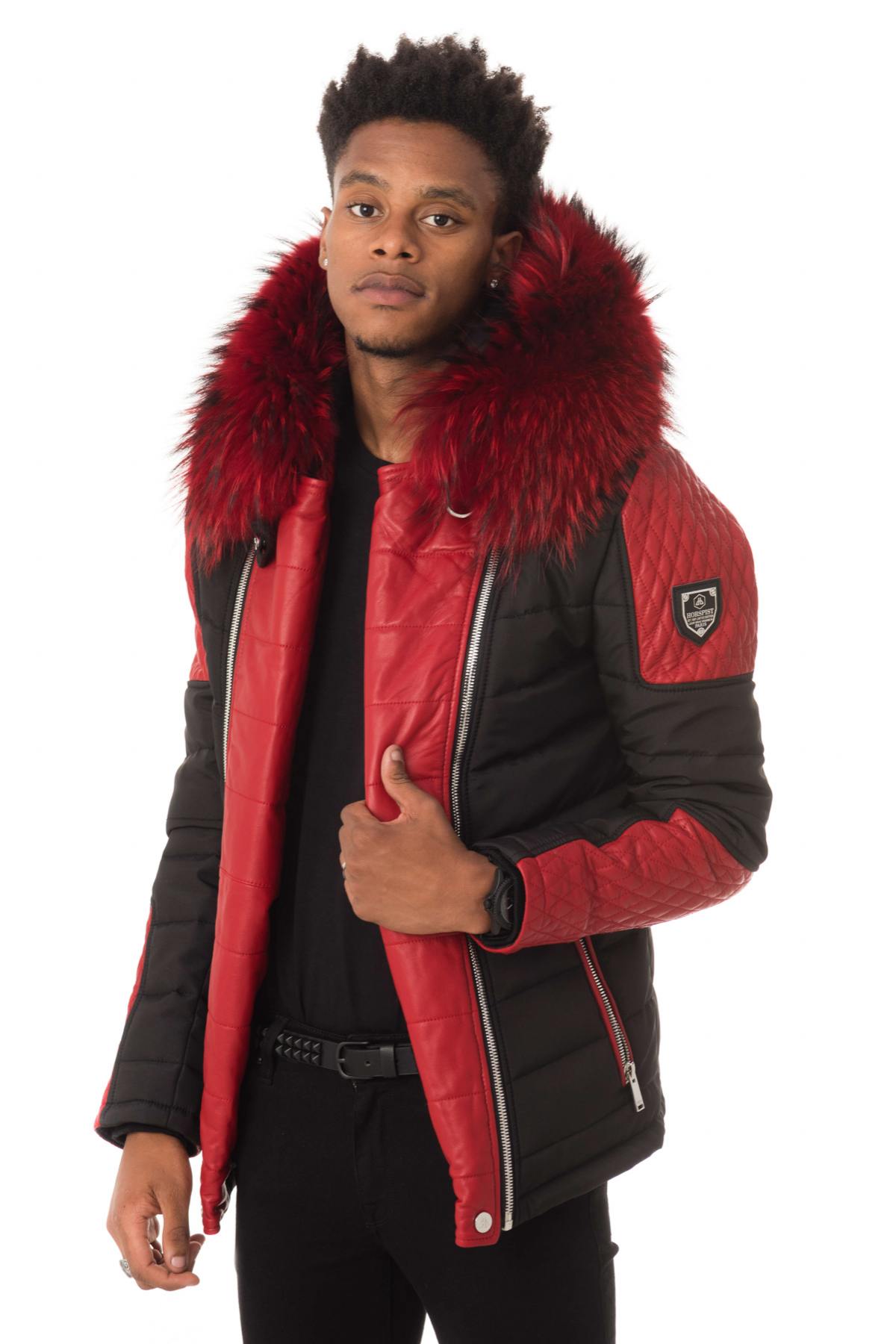 Black/red down jacket with red fur collar - Image n°1