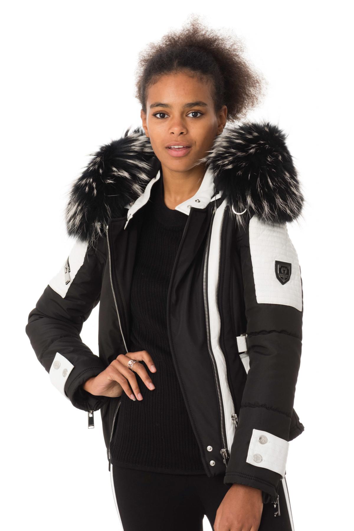 Black/white down jacket with silver collar - Image n°1