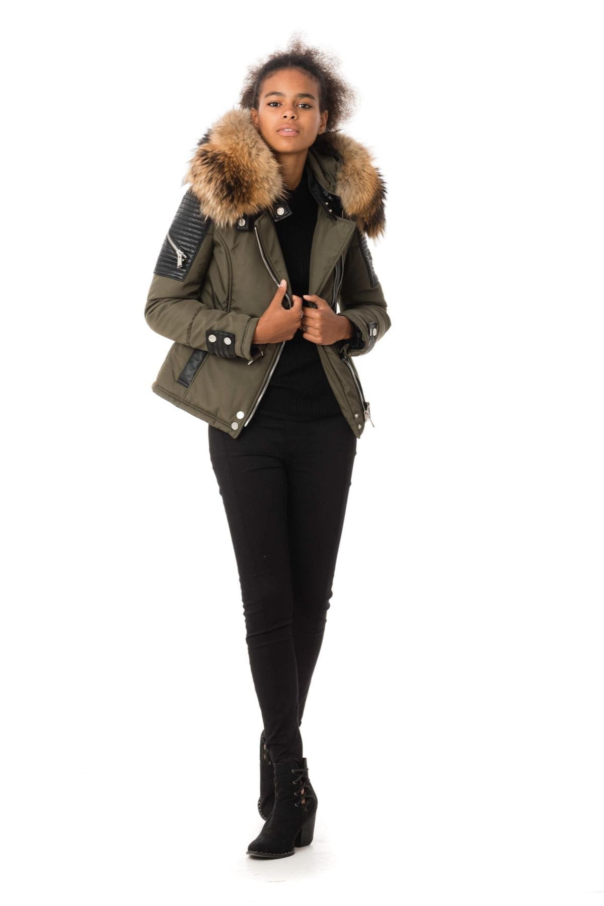 Khaki down jacket with natural collar - Image n°3