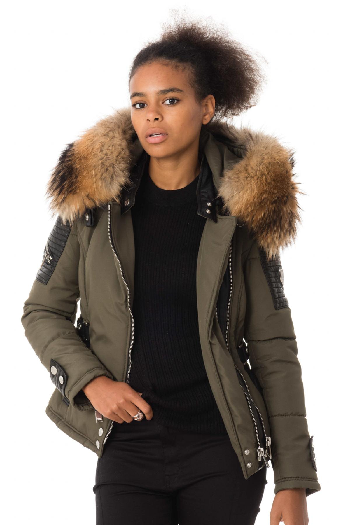 Khaki down jacket with natural collar - Image n°1