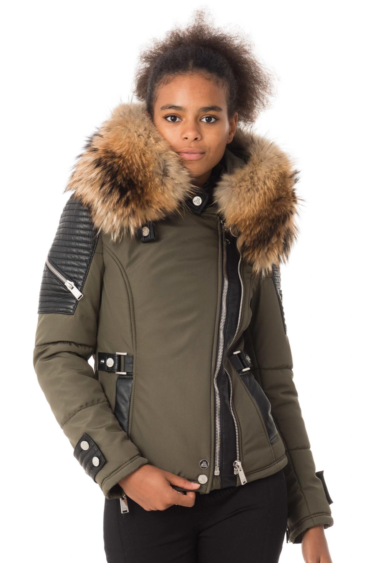 Khaki down jacket with natural collar - Image n°4