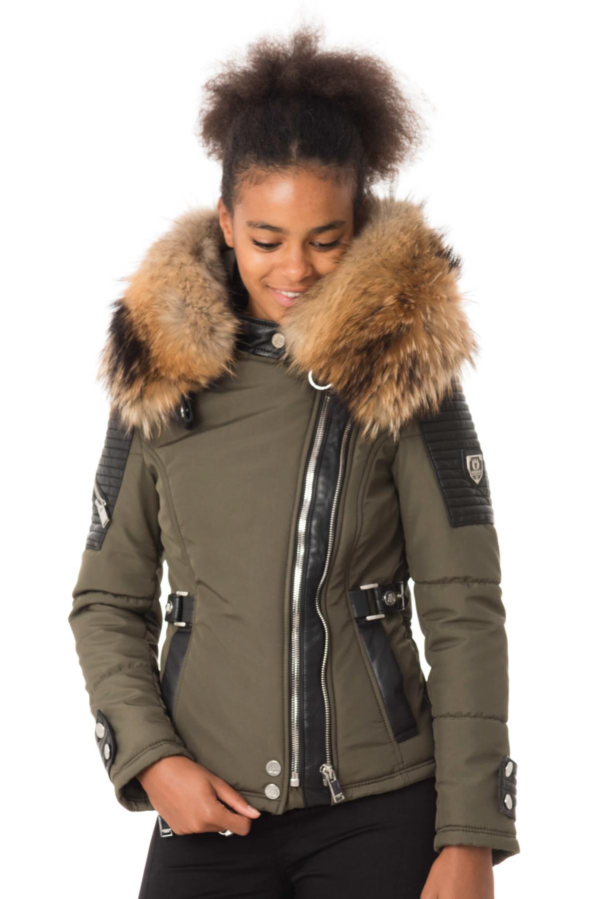 Khaki down jacket with natural collar - Image n°5