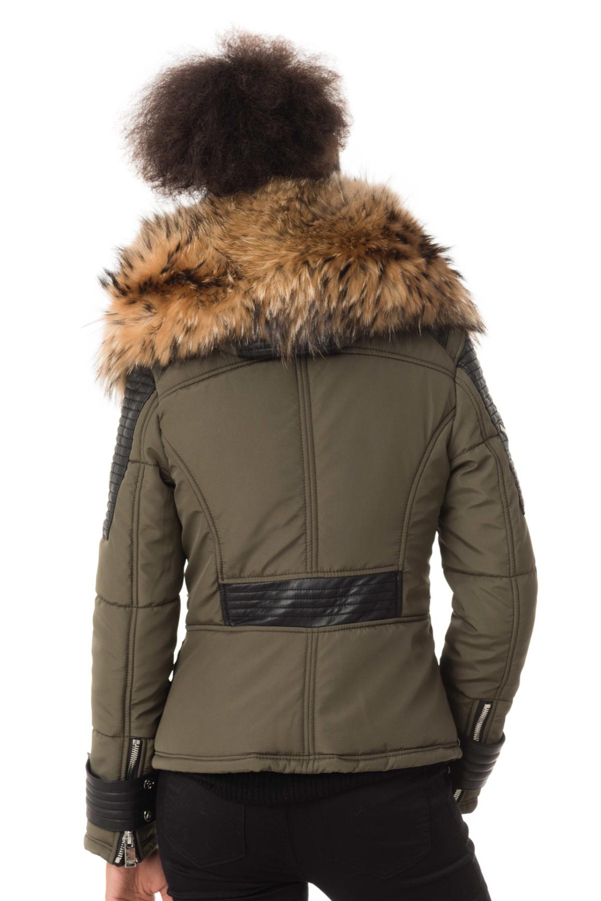 Khaki down jacket with natural collar - Image n°2