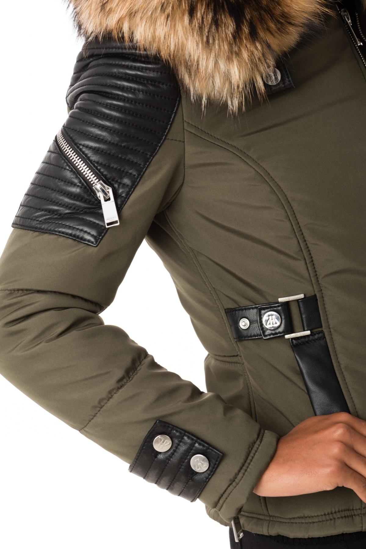 Khaki down jacket with natural collar - Image n°7