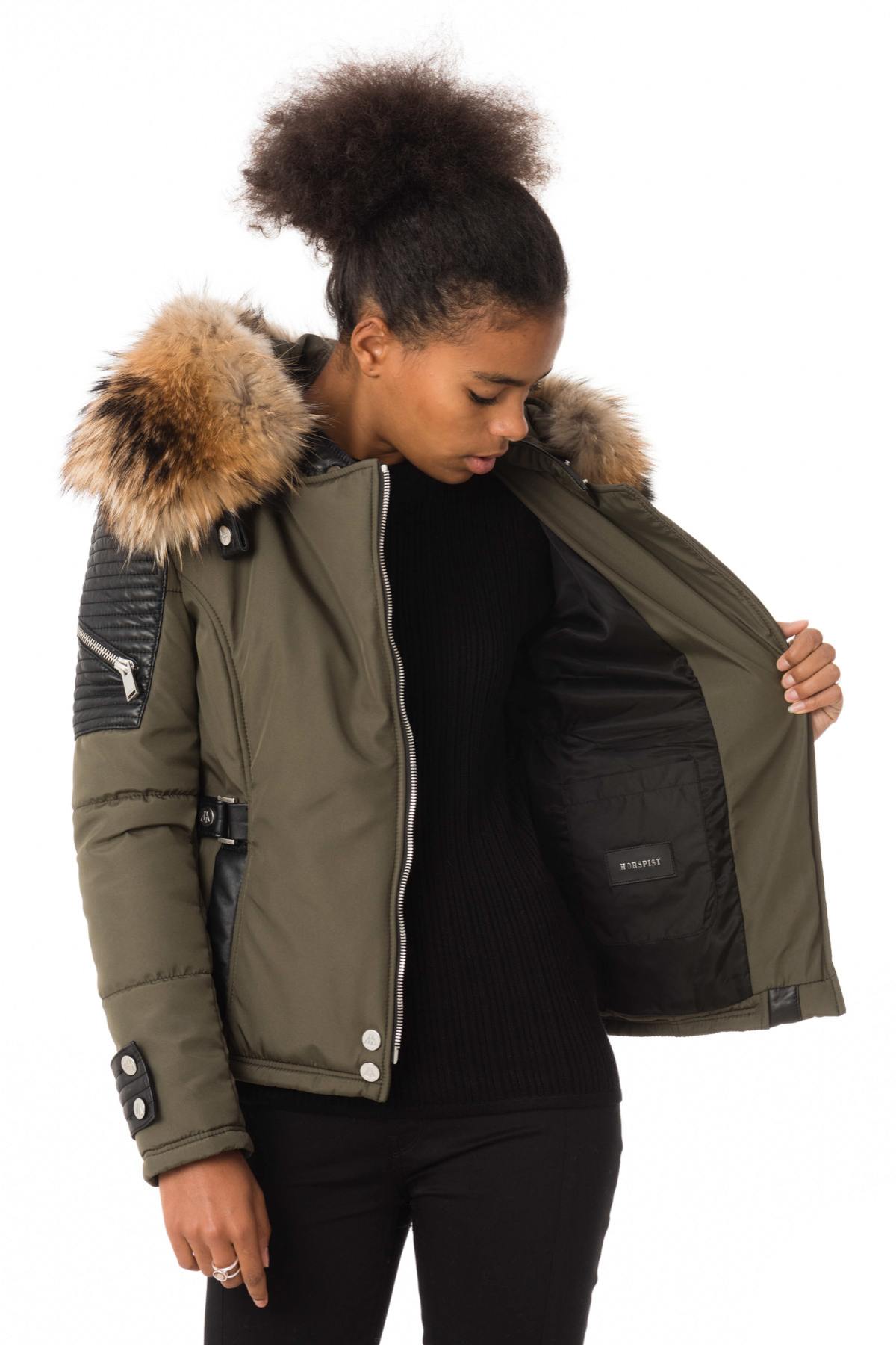 Khaki down jacket with natural collar - Image n°6