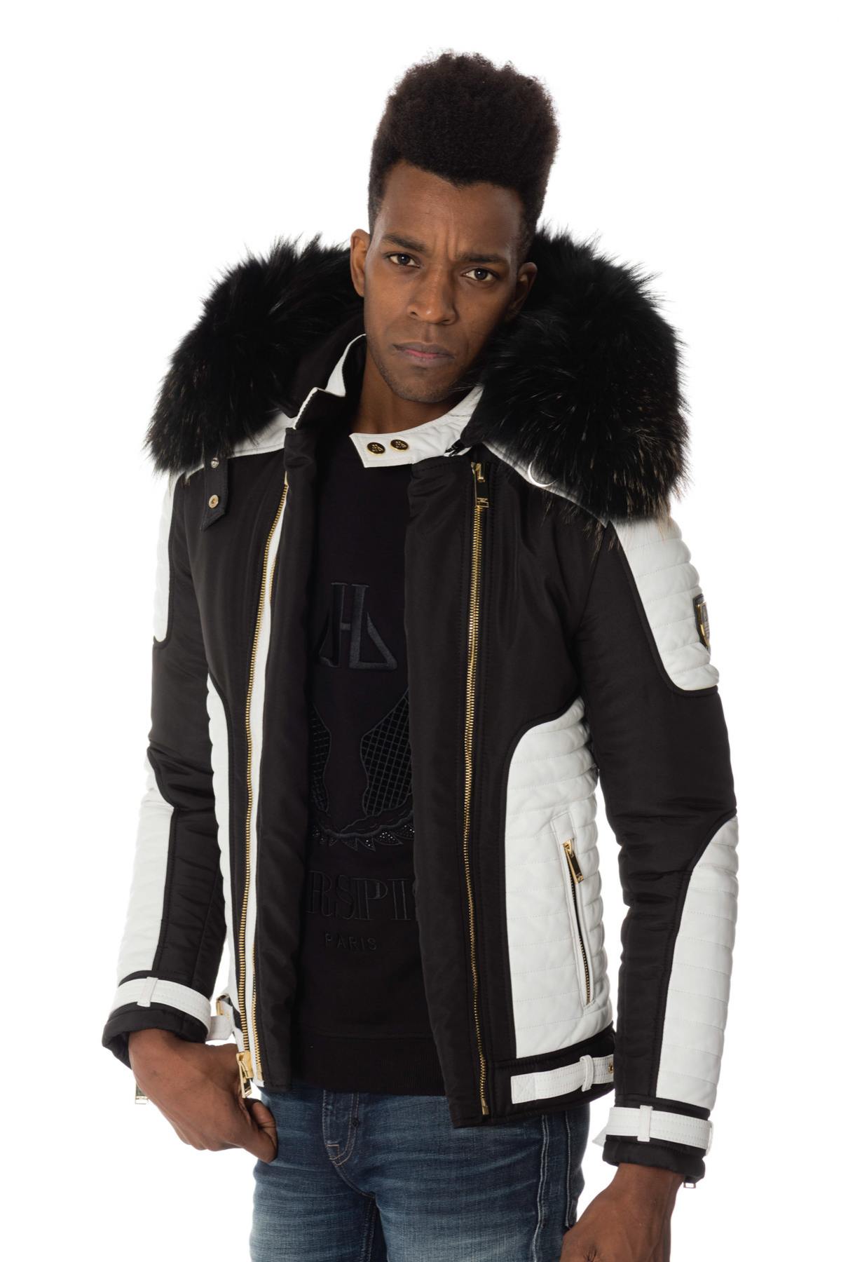 Black/white down jacket with zip and gold collar - Image n°3