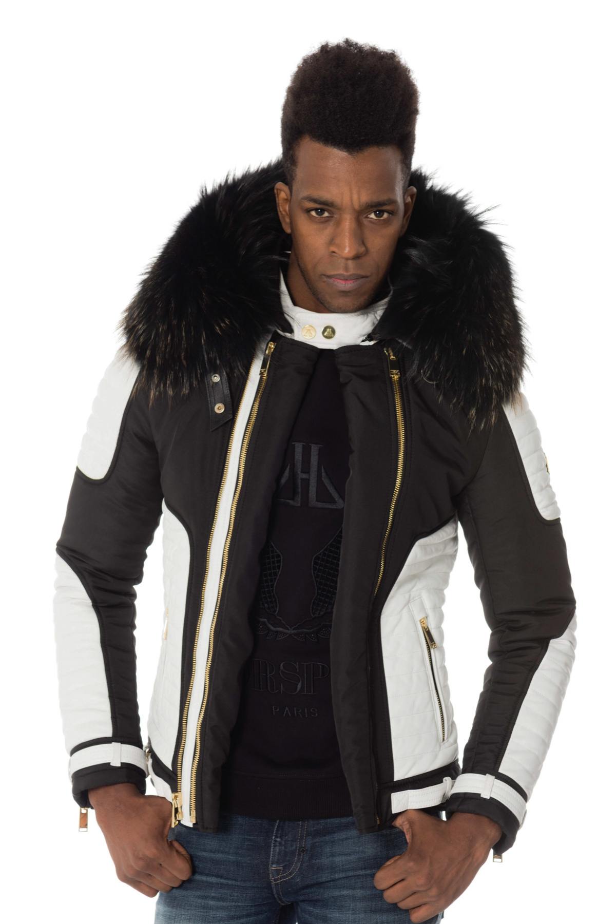 Black/white down jacket with zip and gold collar - Image n°4