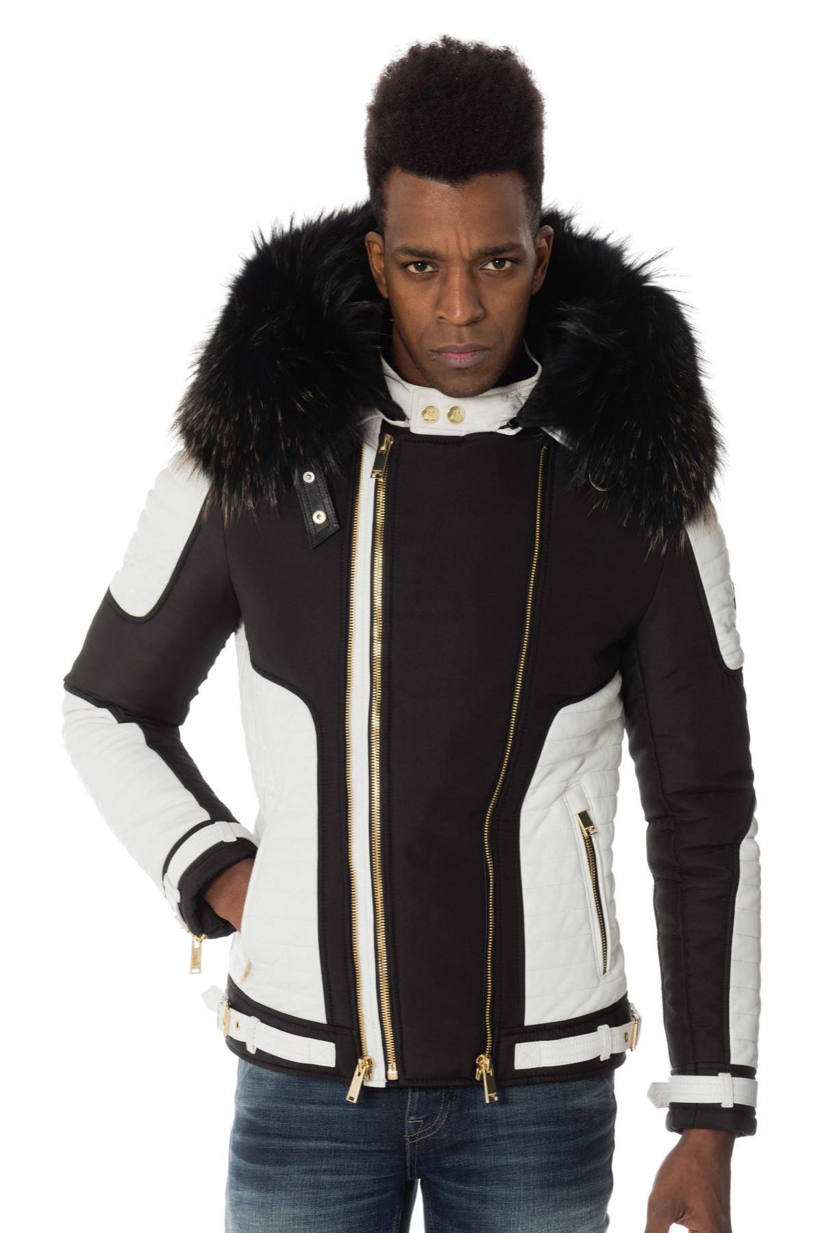 Black/white down jacket with zip and gold collar - Image n°1