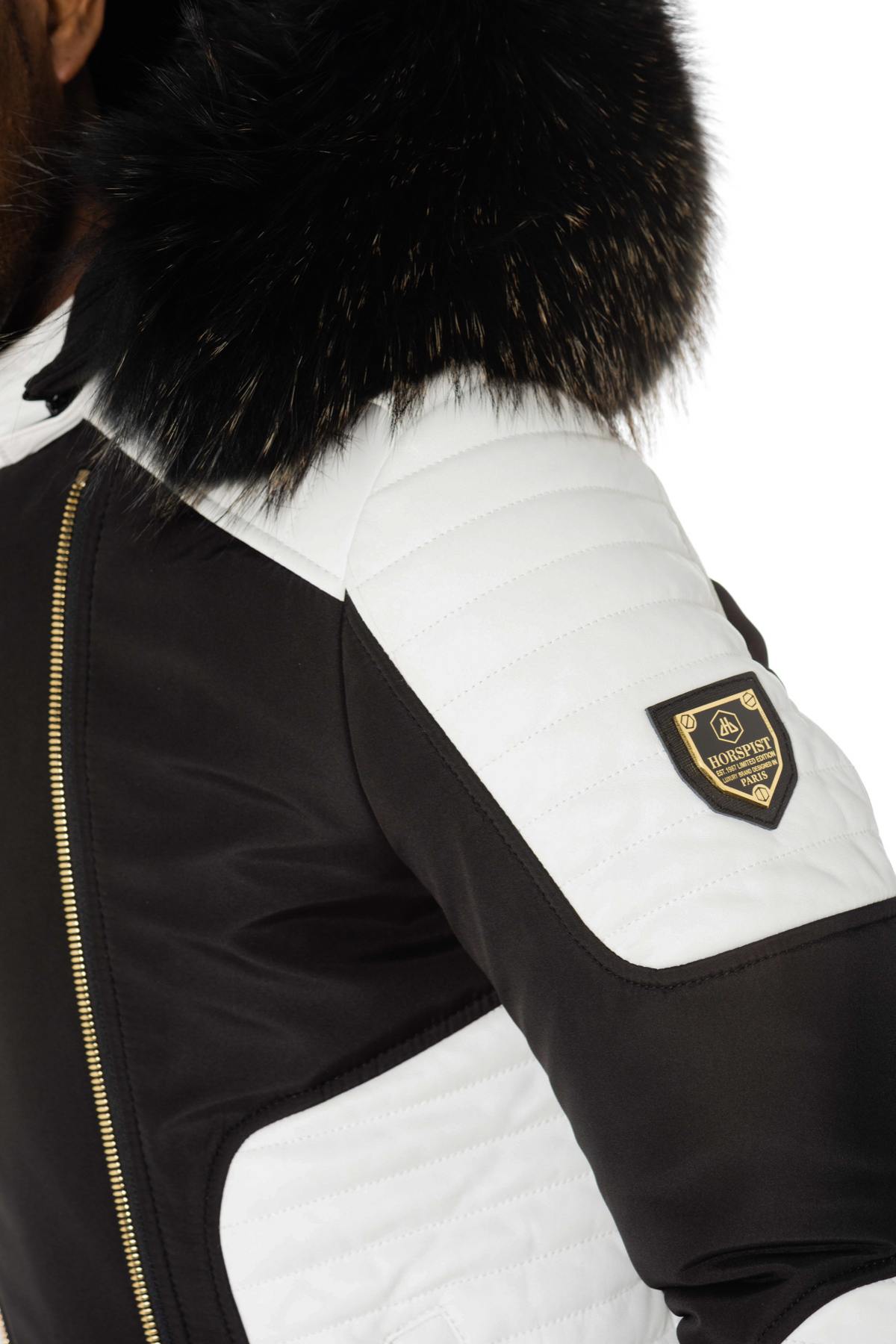 Black/white down jacket with zip and gold collar - Image n°7