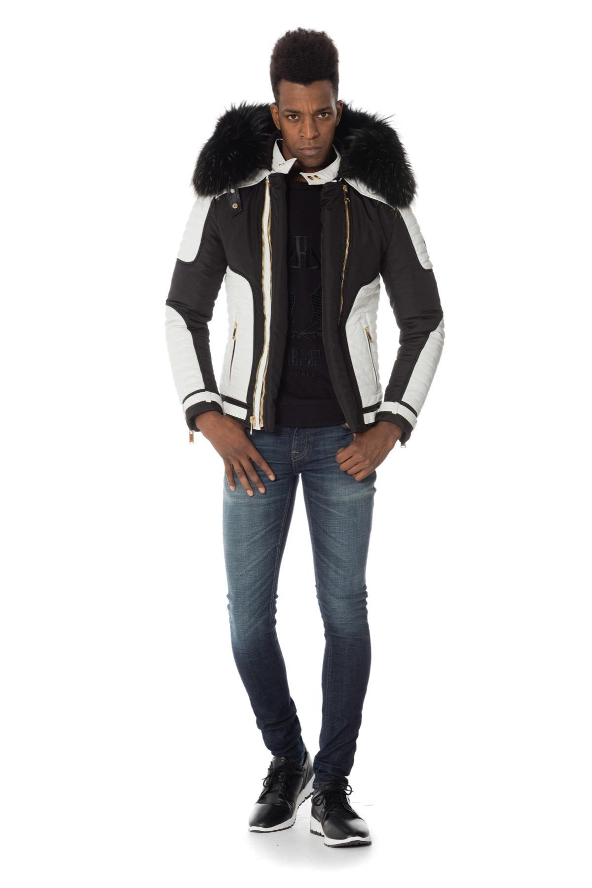 Black/white down jacket with zip and gold collar - Image n°2