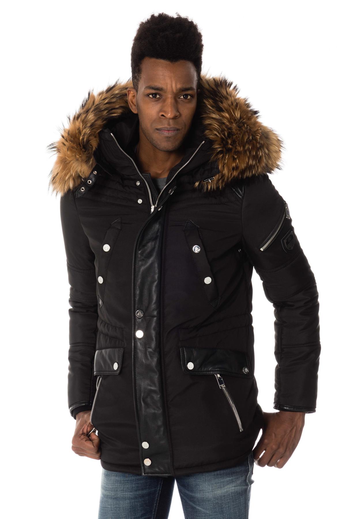 Horspist men's black parka with natural collar - Image n°1