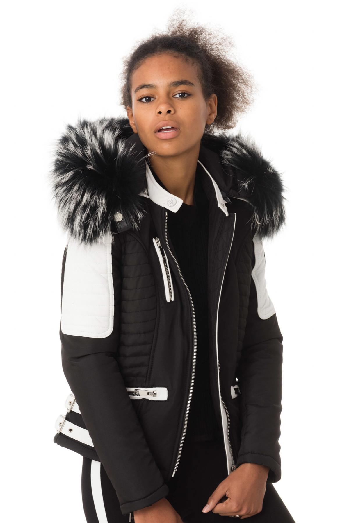 Black/white down jacket with silver collar - Image n°1