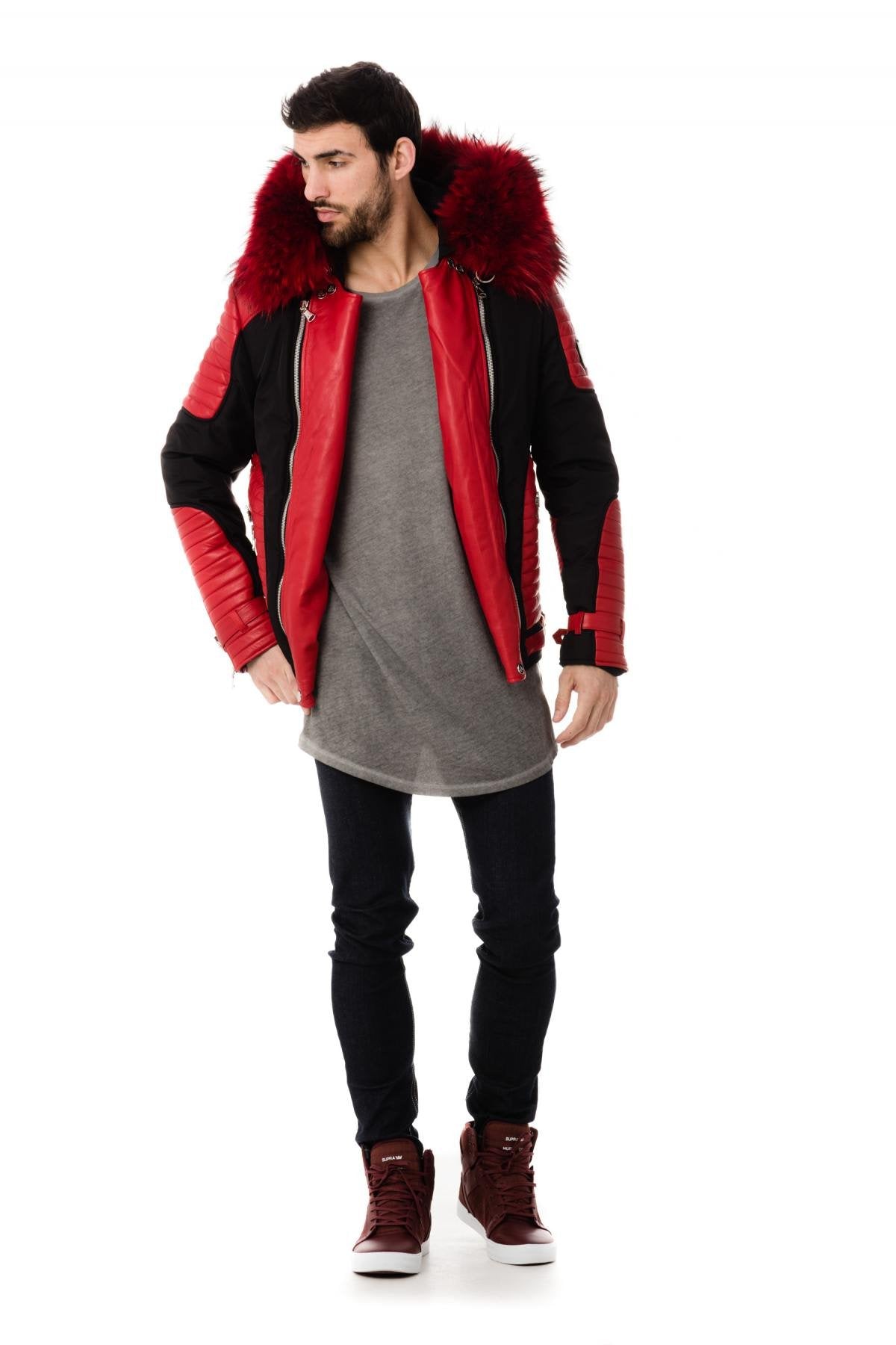 Horspist black and red down jacket with red fur - Image n°2