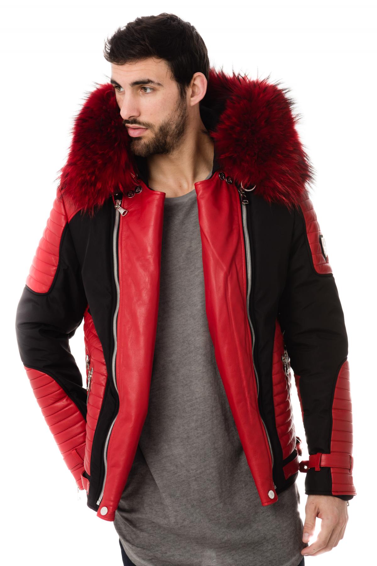 Horspist black and red down jacket with red fur - Image n°3