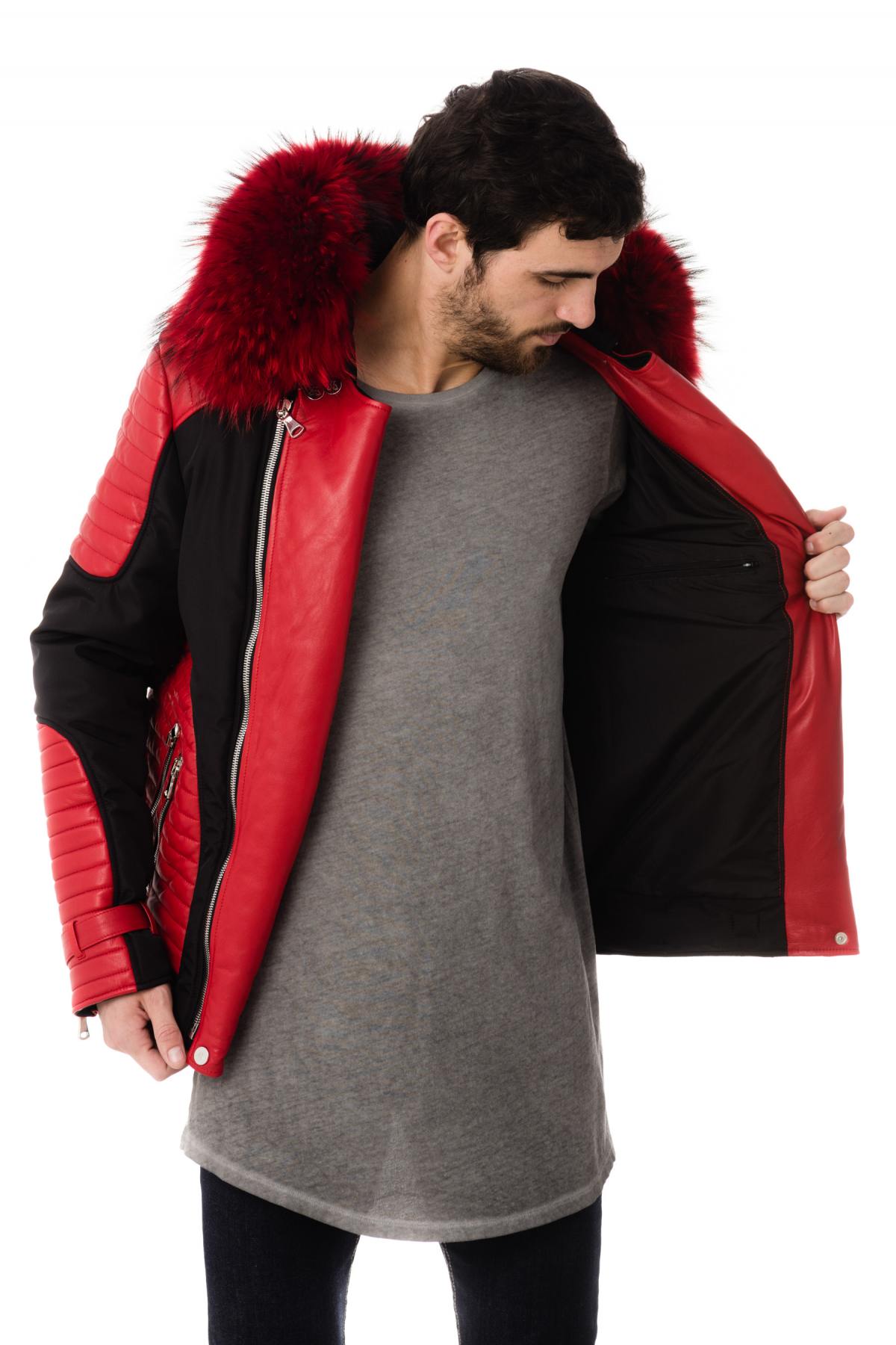 Horspist black and red down jacket with red fur - Image n°5