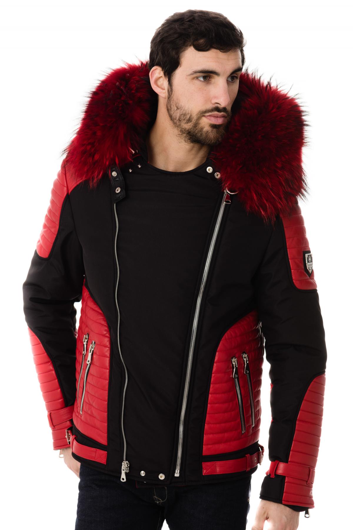 Horspist black and red down jacket with red fur - Image n°4