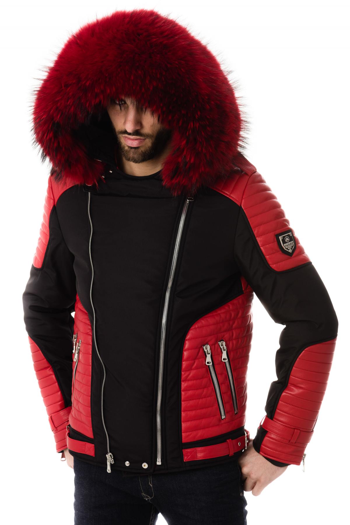 Horspist black and red down jacket with red fur - Image n°1