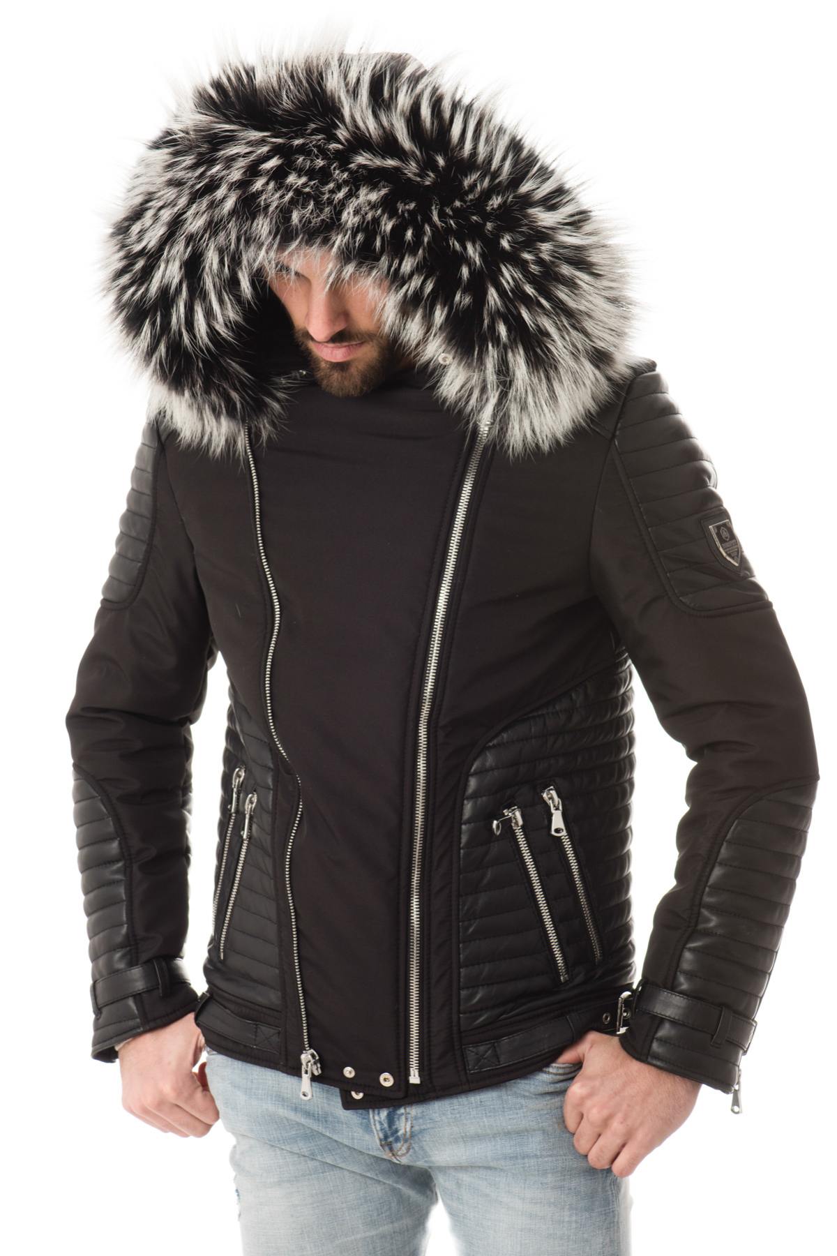 Horspist black down jacket with silver fur - Image n°1