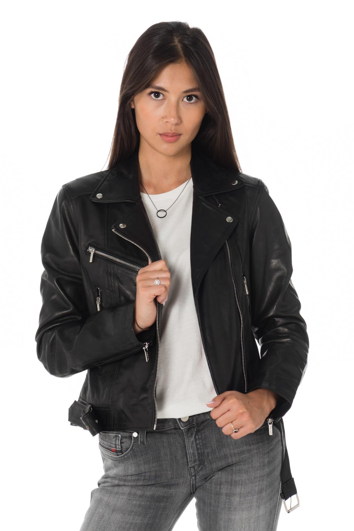 Rose Garden women's Biker Jacket in black lambskin - Image n°5