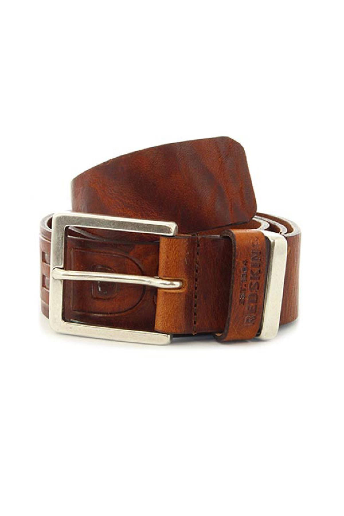 Cognac belt with embossed Redskins logo - Image n°1