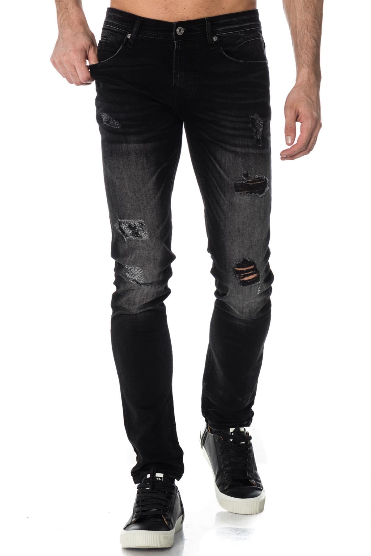 Black straight jeans with faded and torn effect - Image n°1