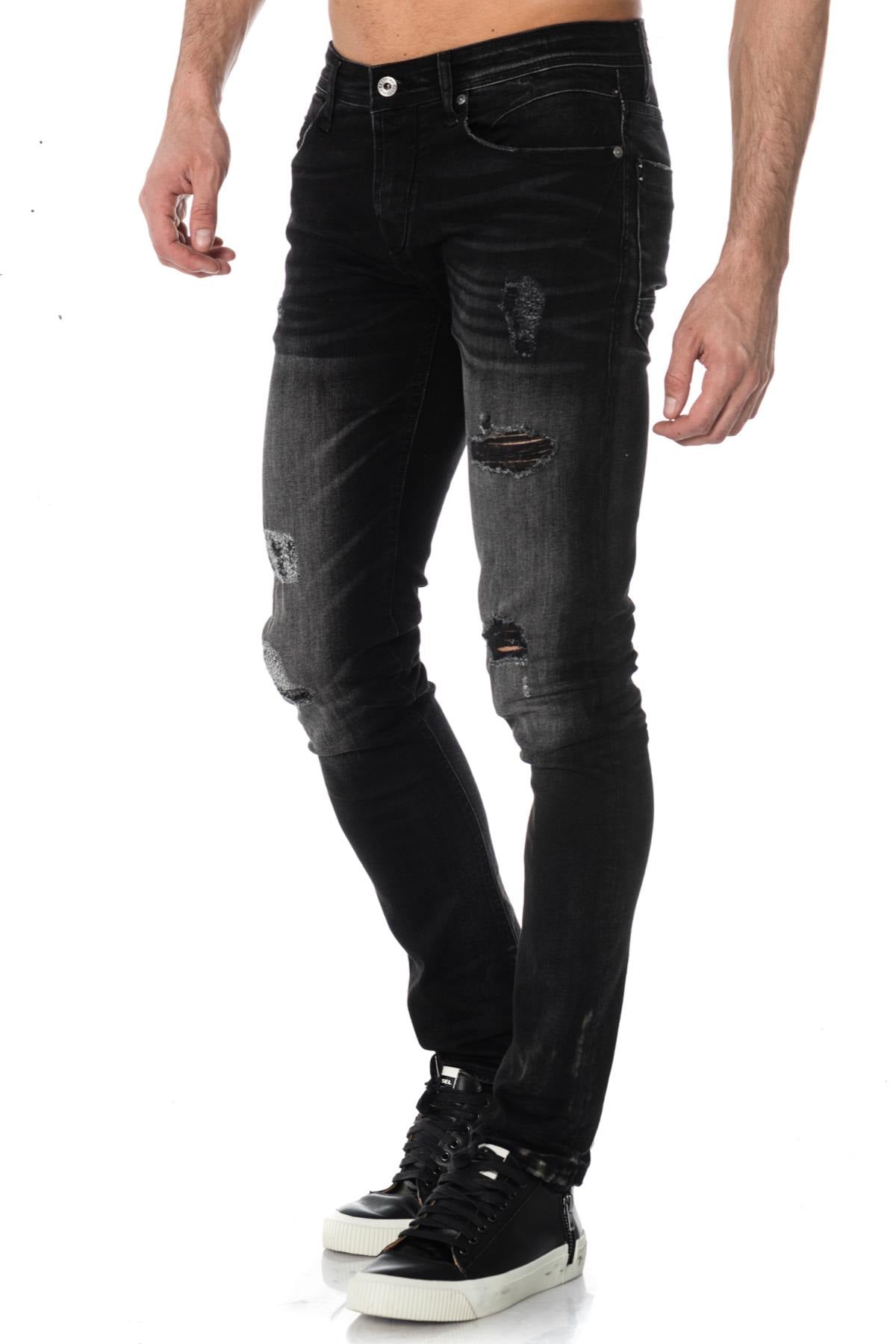 Black straight jeans with faded and torn effect - Image n°3