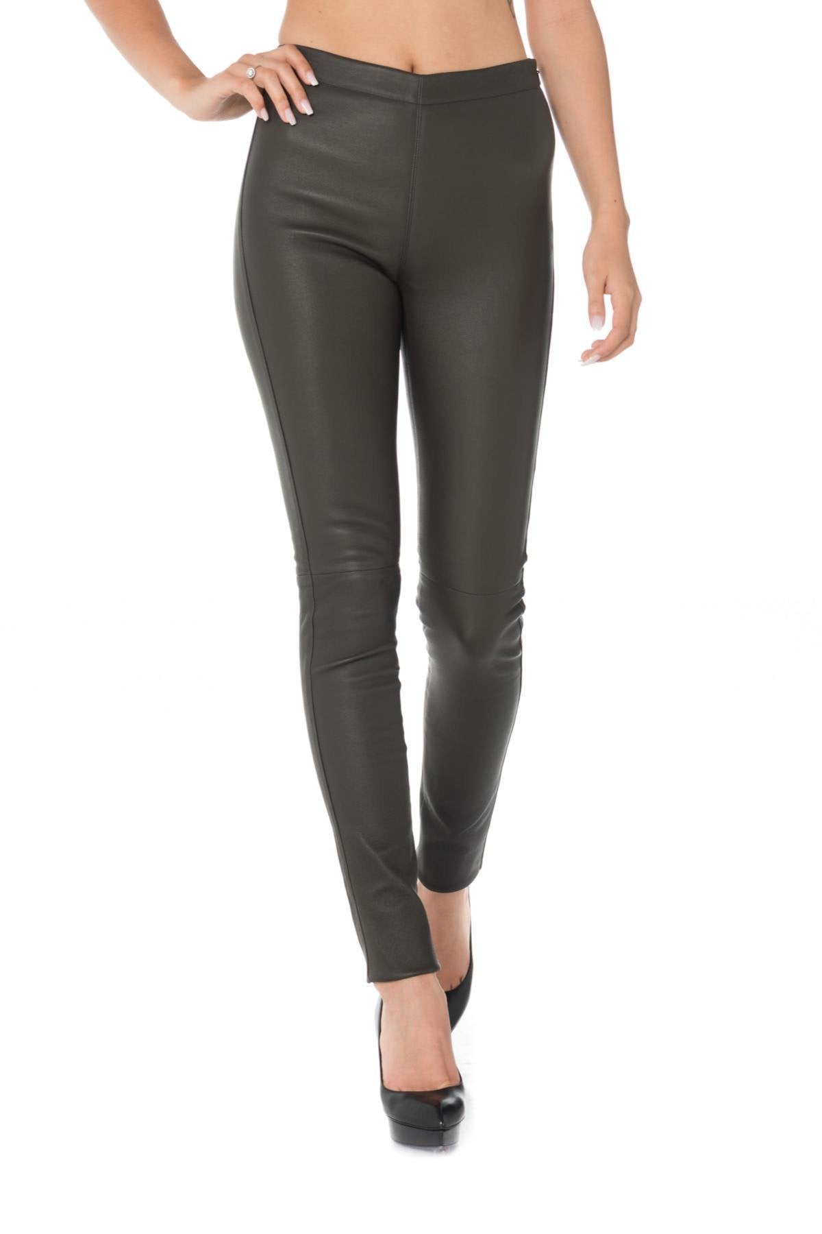 Women's dark khaki sheepskin leather leggings - Image n°1