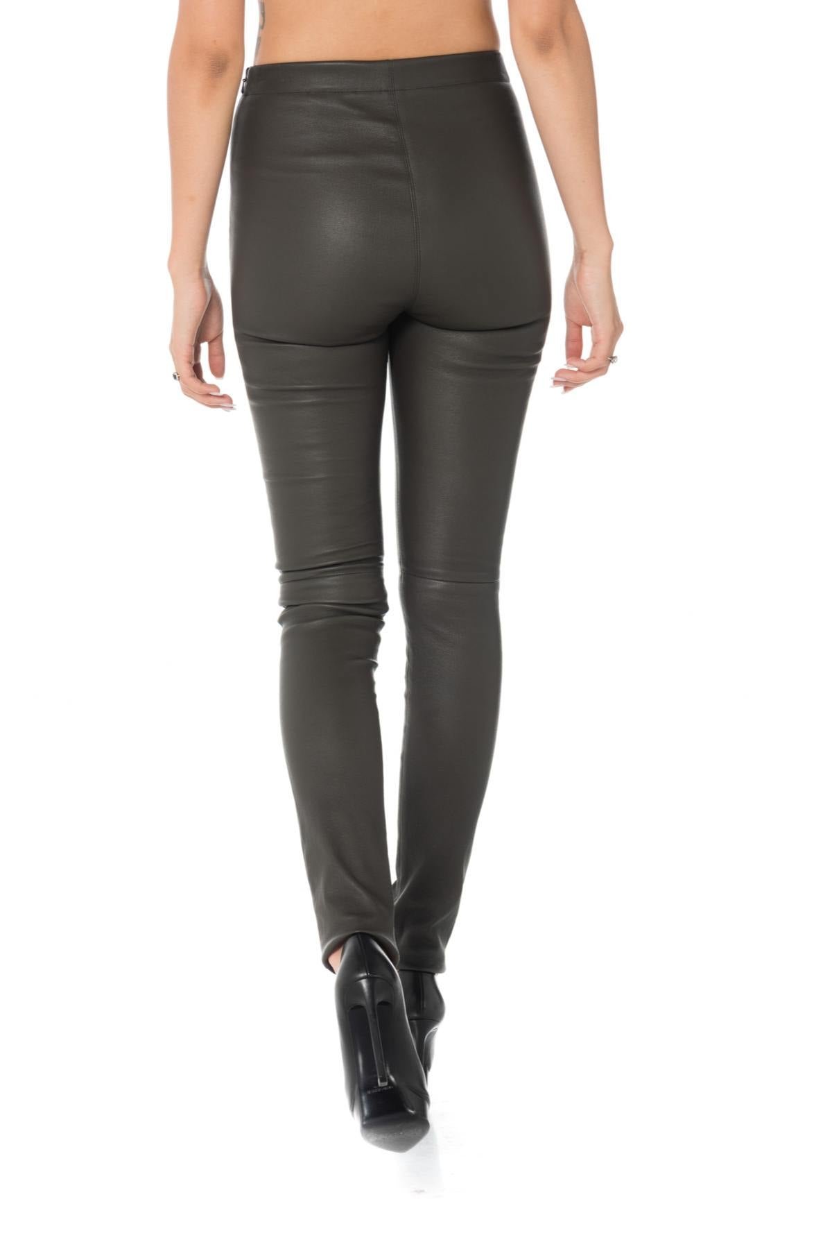 Women's dark khaki sheepskin leather leggings - Image n°7