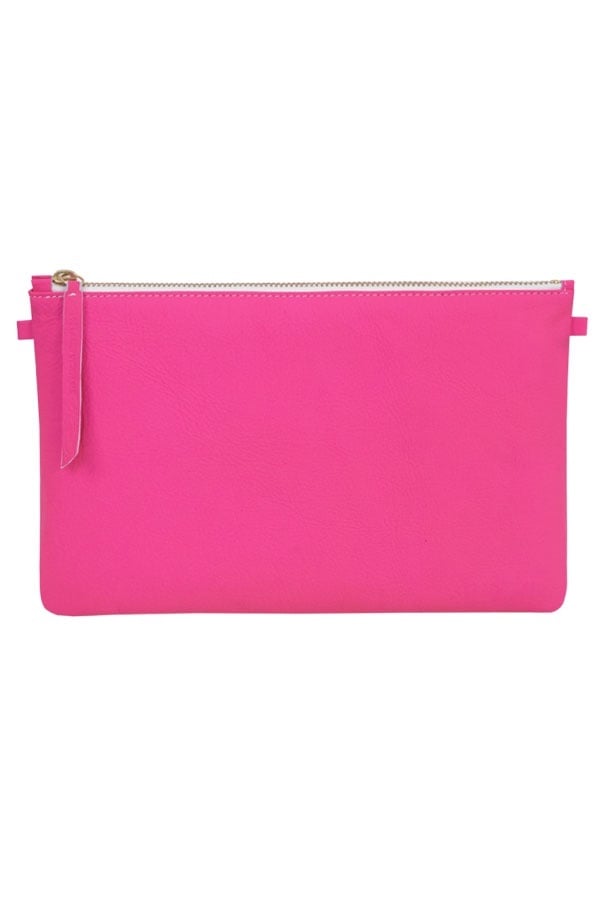 Women's large neon pink leather clutch - Image n°1