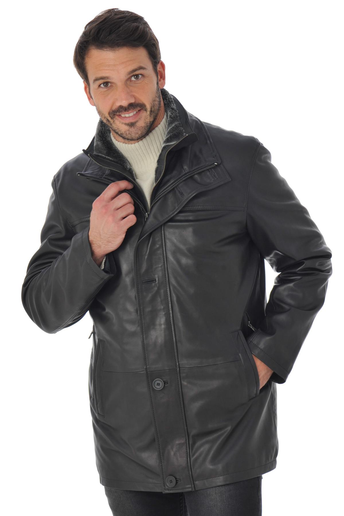 Men's Daytona stand-up collar leather coat Black - Image n°1