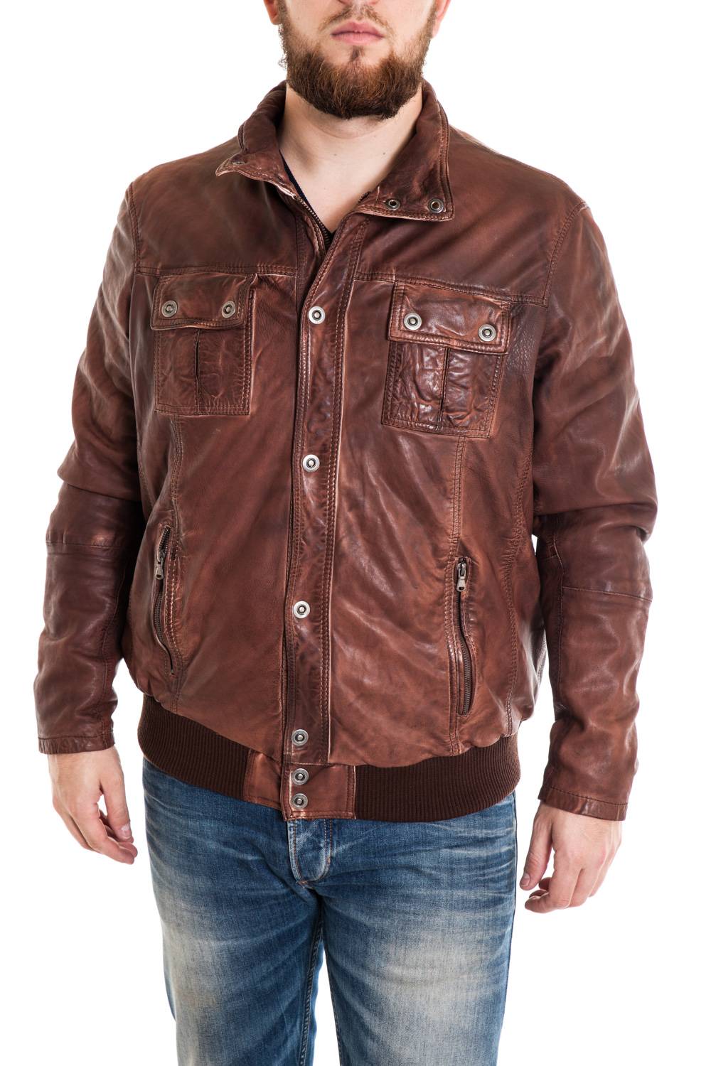 Men's High Collar Jacket Aged Brown Large Size - Image n°1