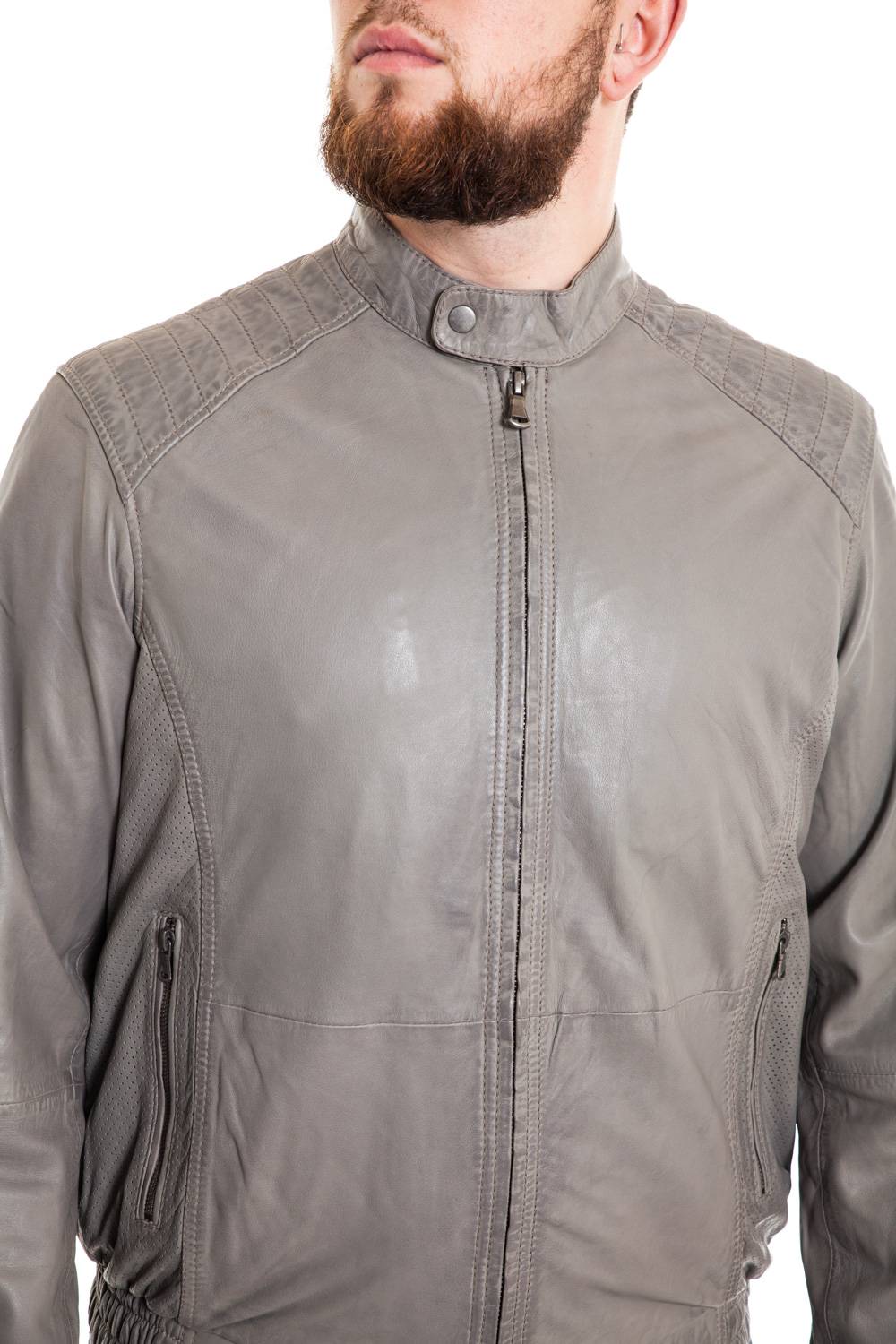 Lucina Gray leather jacket with biker collar for Men - Image n°3