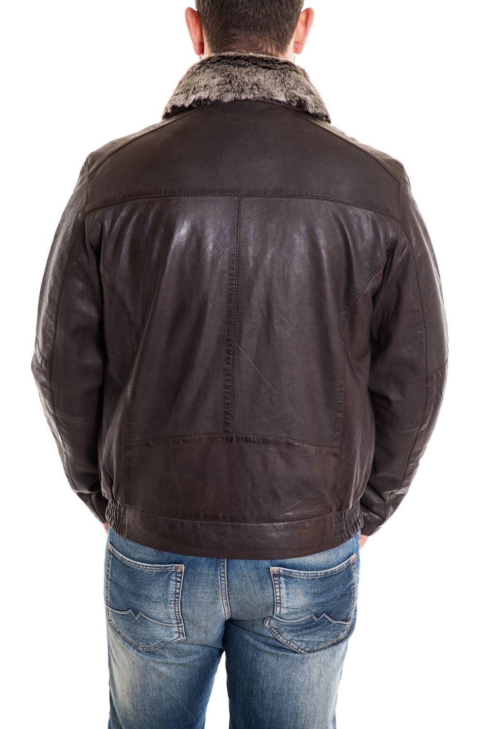 Men's Bomber Style Lambskin Leather Jacket Dark Brown - Image n°4