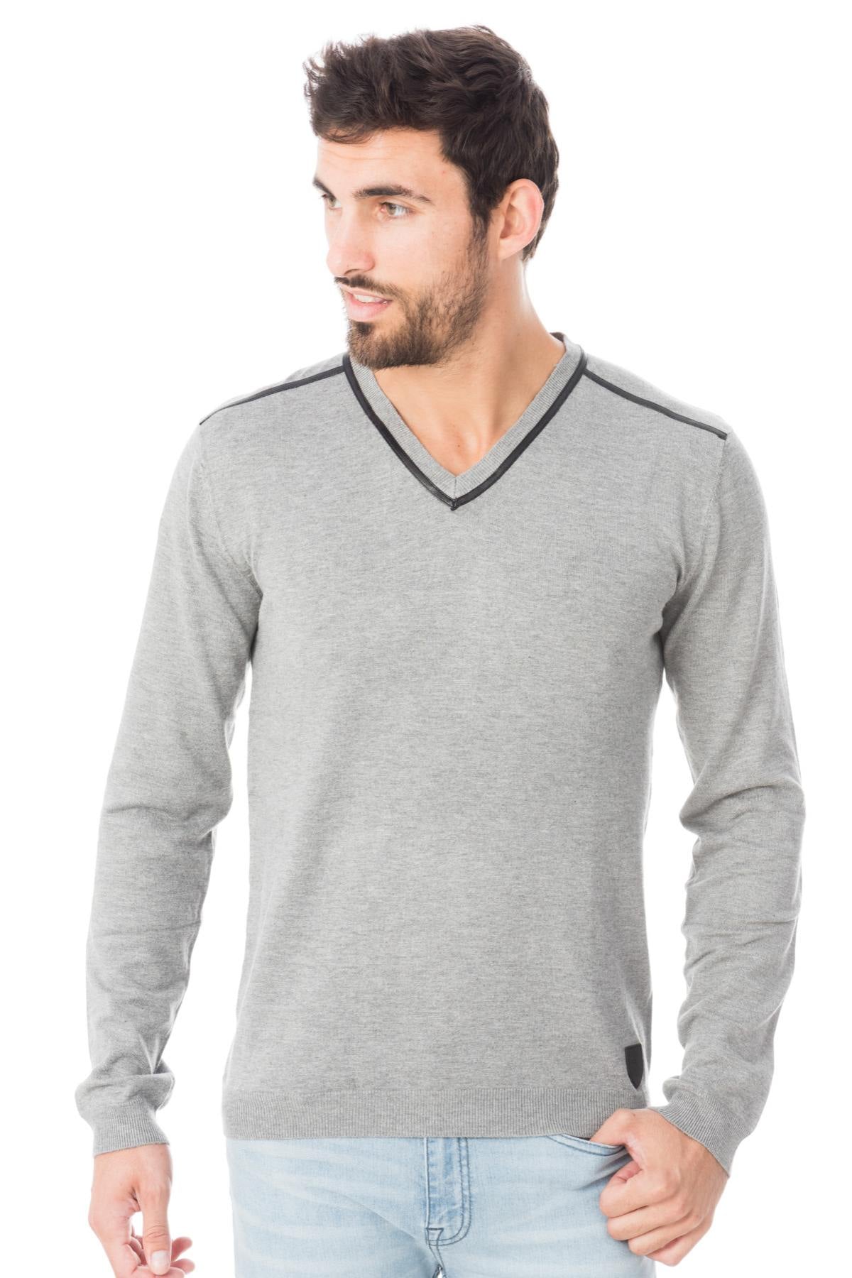 Men's heather gray V-neck viscose sweater - Image n°1