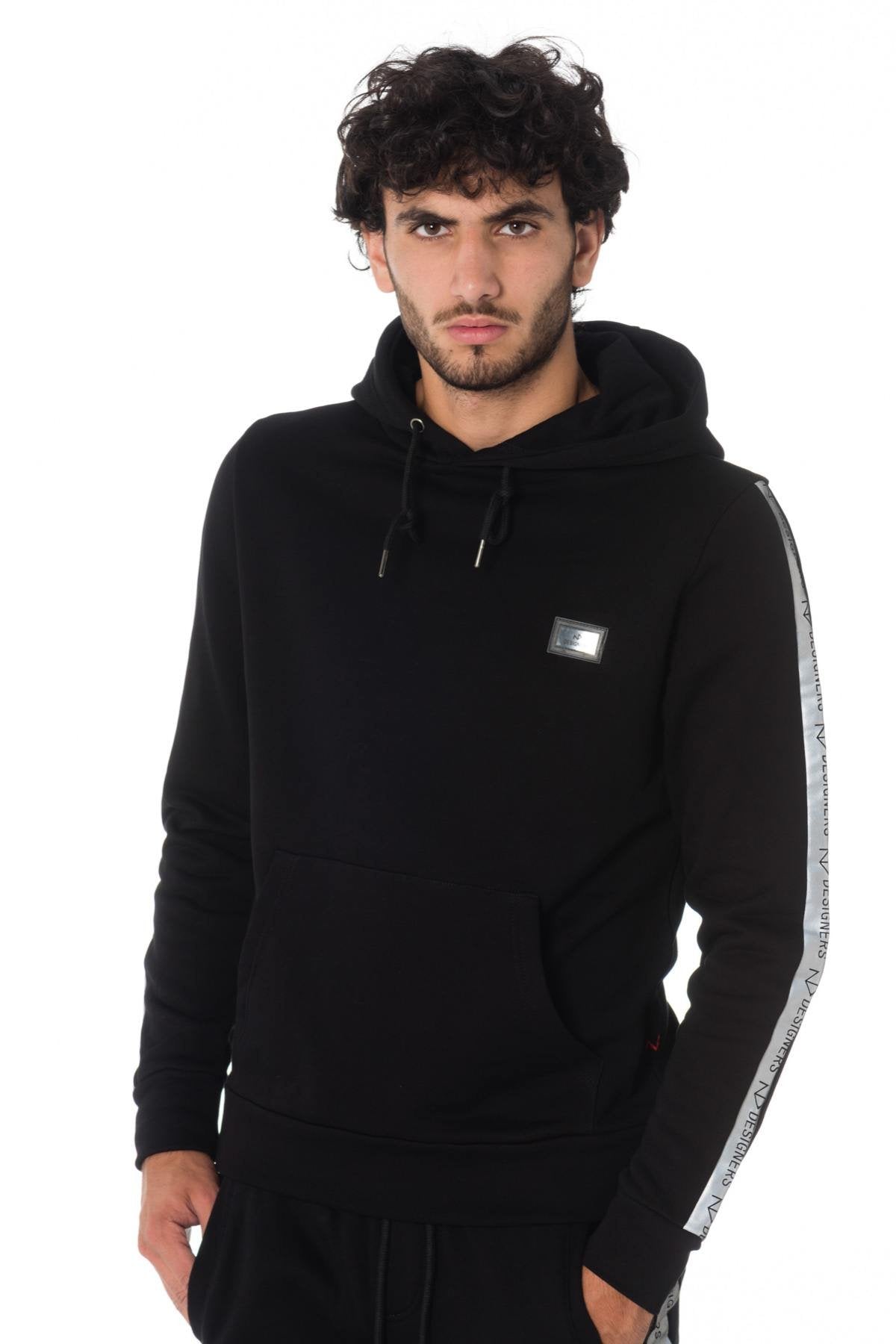 Men's black hoodie with silver stripes - Image n°1