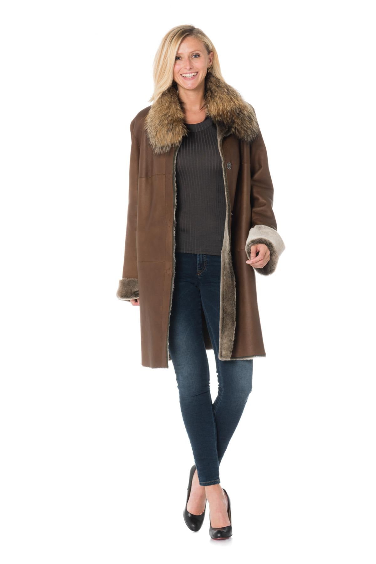 Cognac merino shearling coat - Image n°2