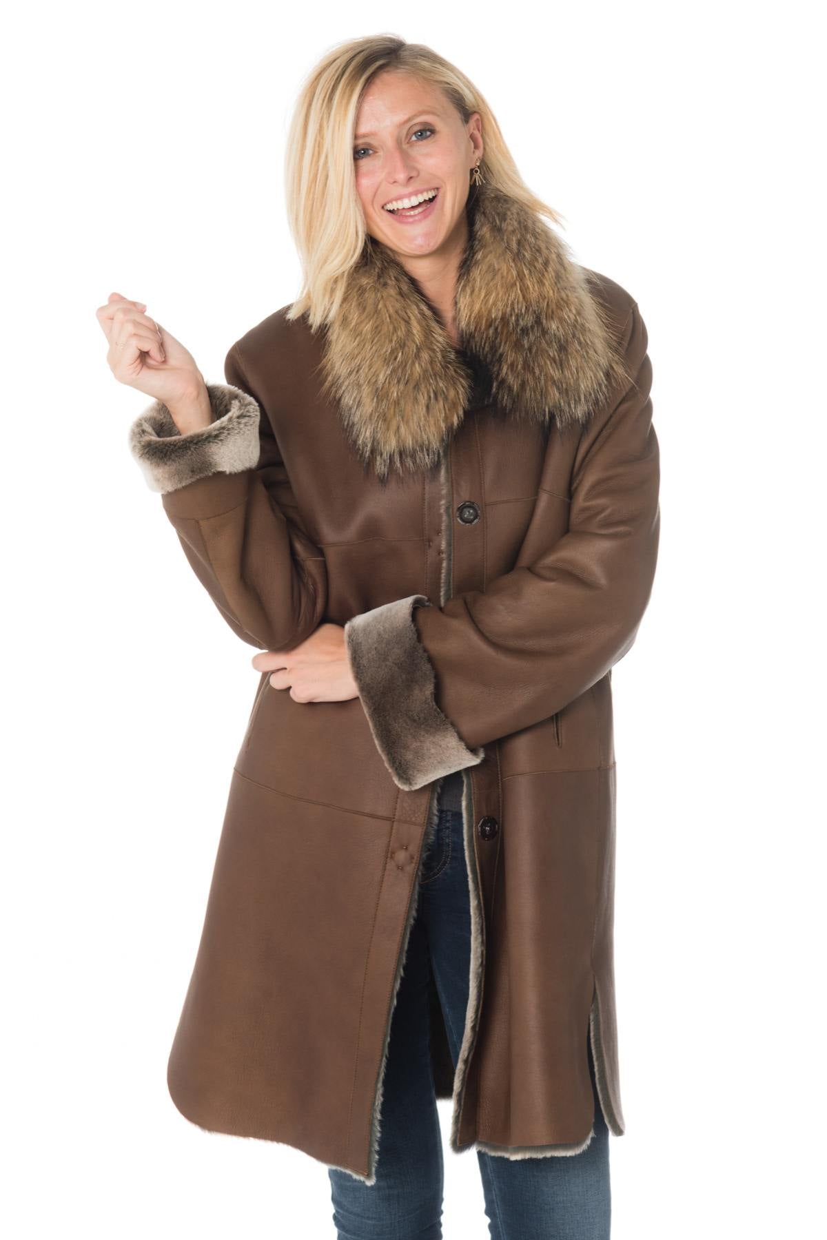 Cognac merino shearling coat - Image n°1