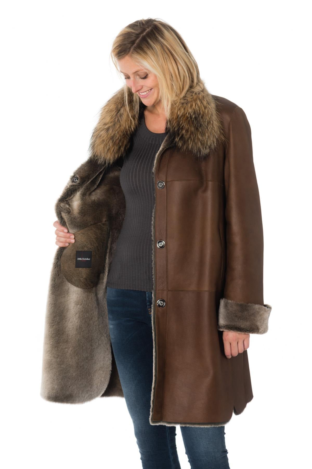 Cognac merino shearling coat - Image n°7