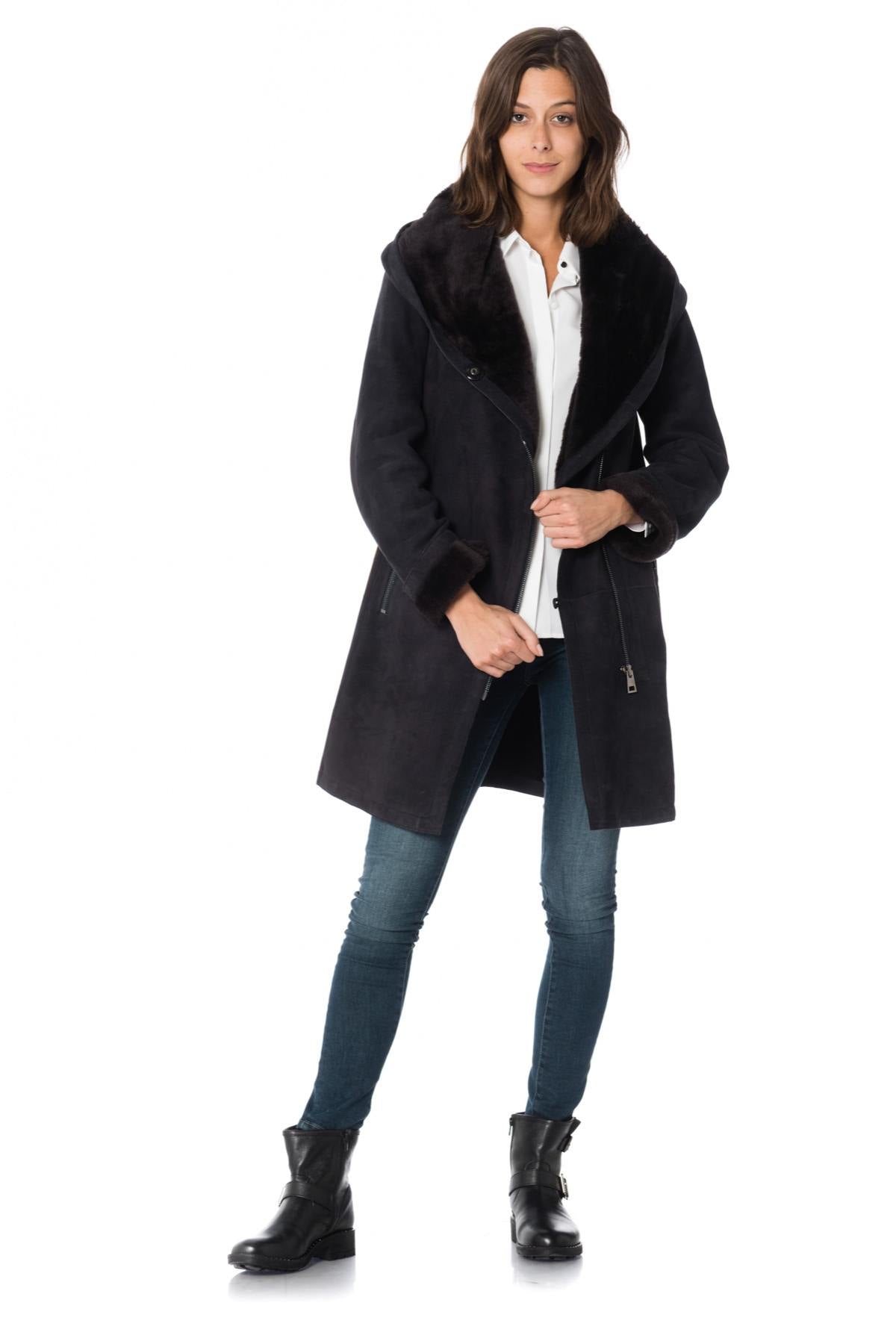 Dark gray women's shearling lambskin coat - Image n°2