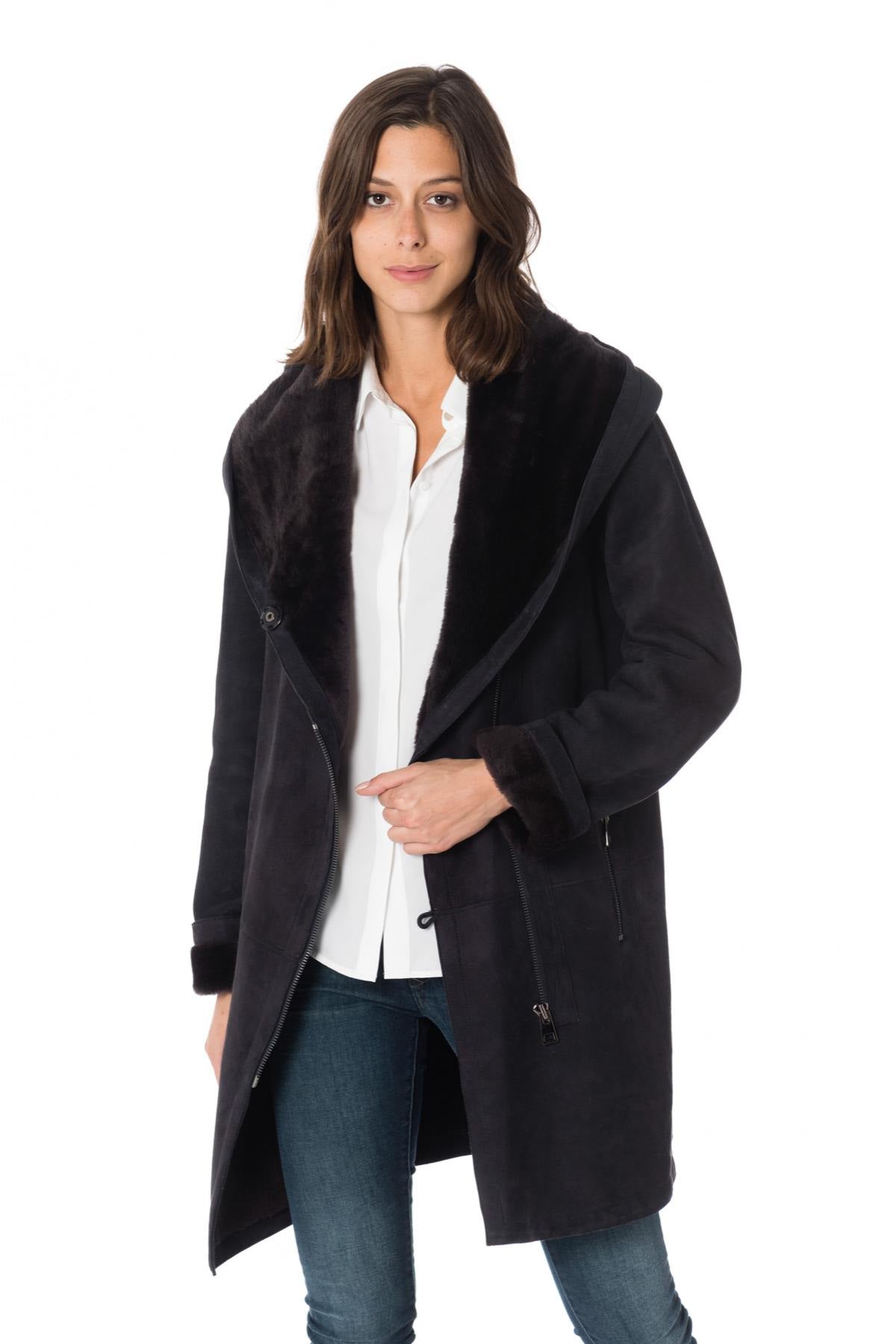 Dark gray women's shearling lambskin coat - Image n°3