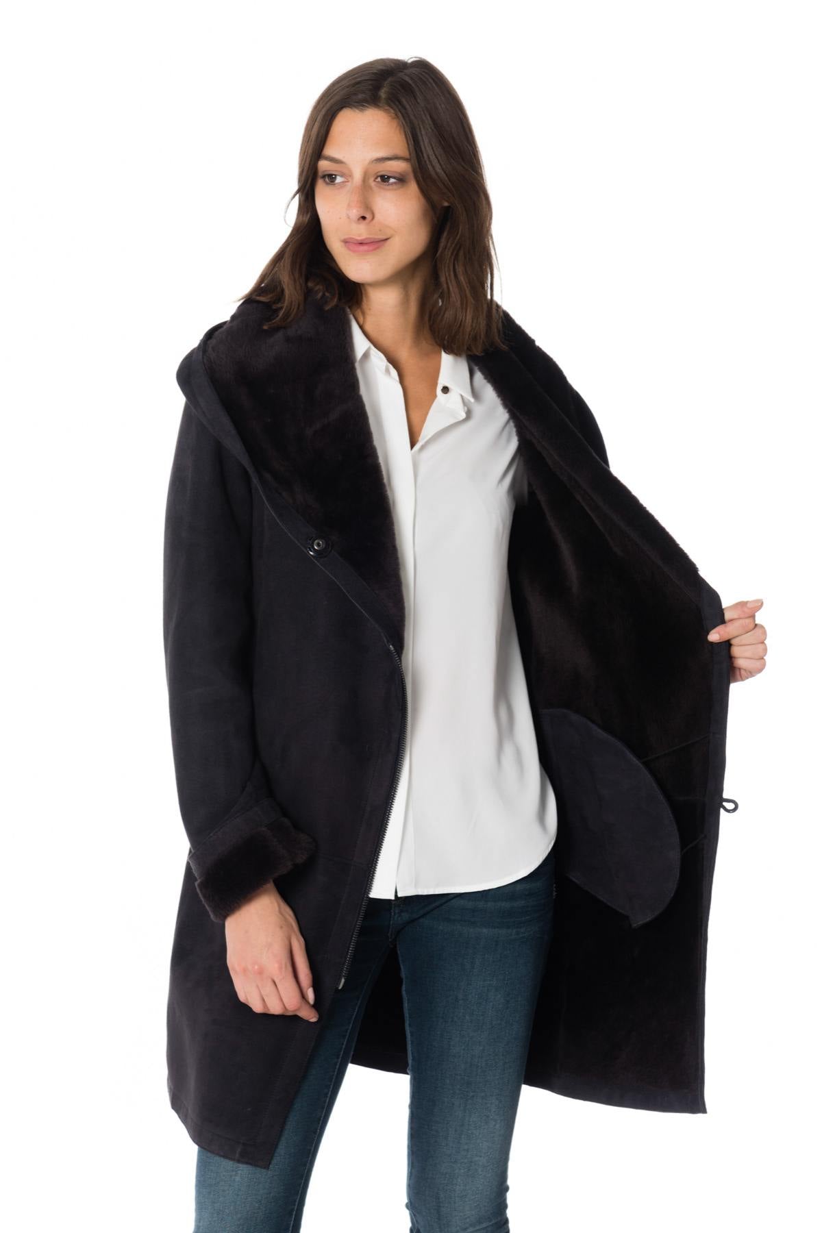 Dark gray women's shearling lambskin coat - Image n°7