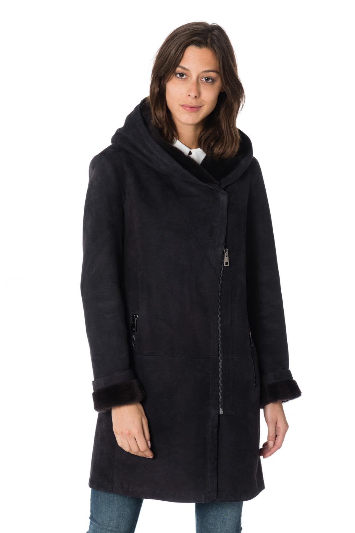 Dark gray women's shearling lambskin coat - Image n°1