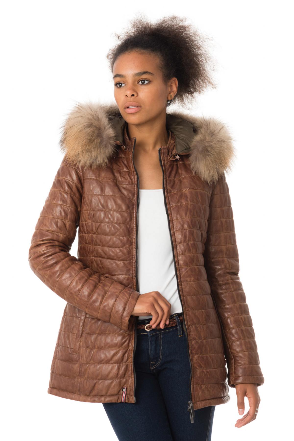 Women's mid-length down jacket in sheepskin leather - Image n°1