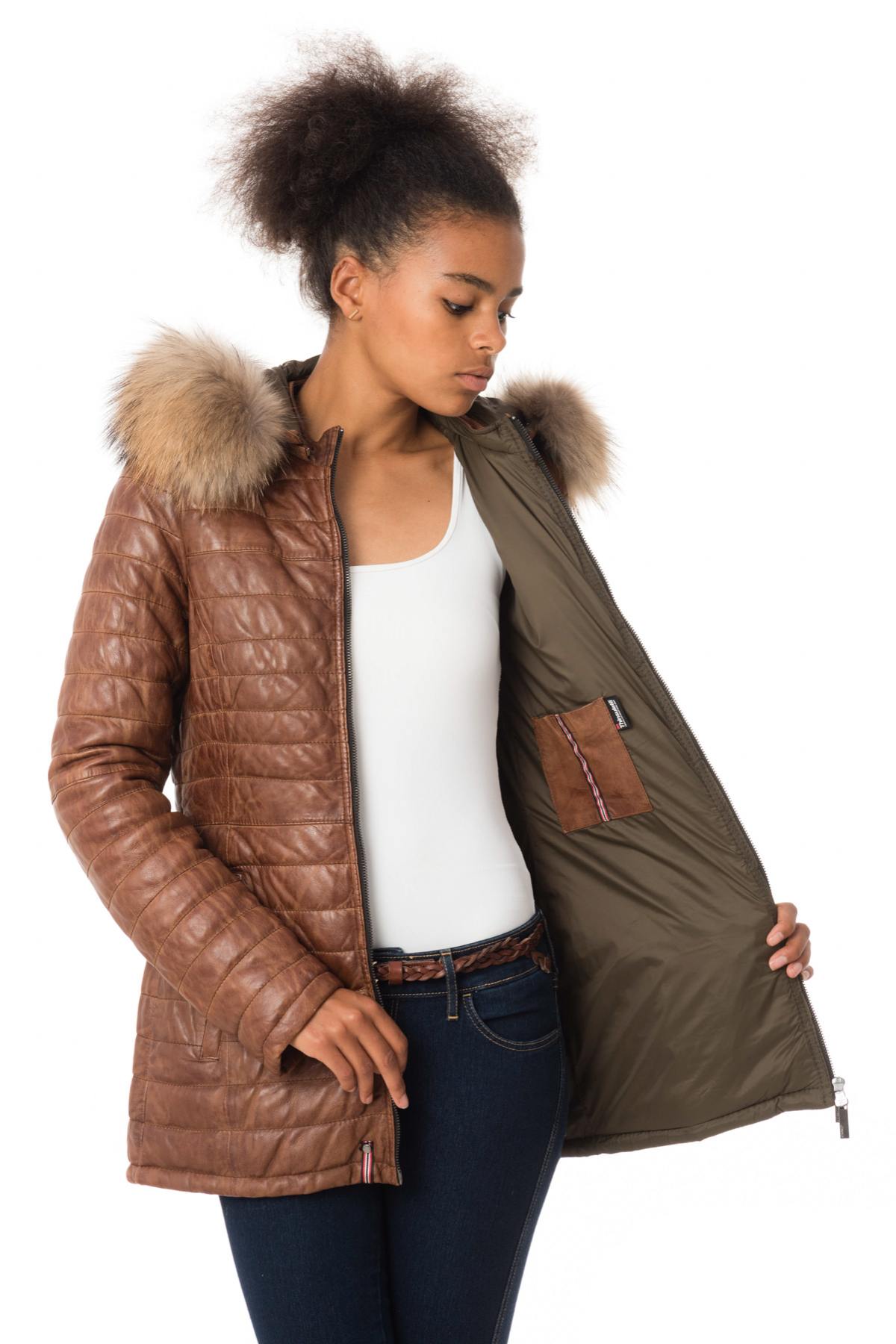 Women's mid-length down jacket in sheepskin leather - Image n°3