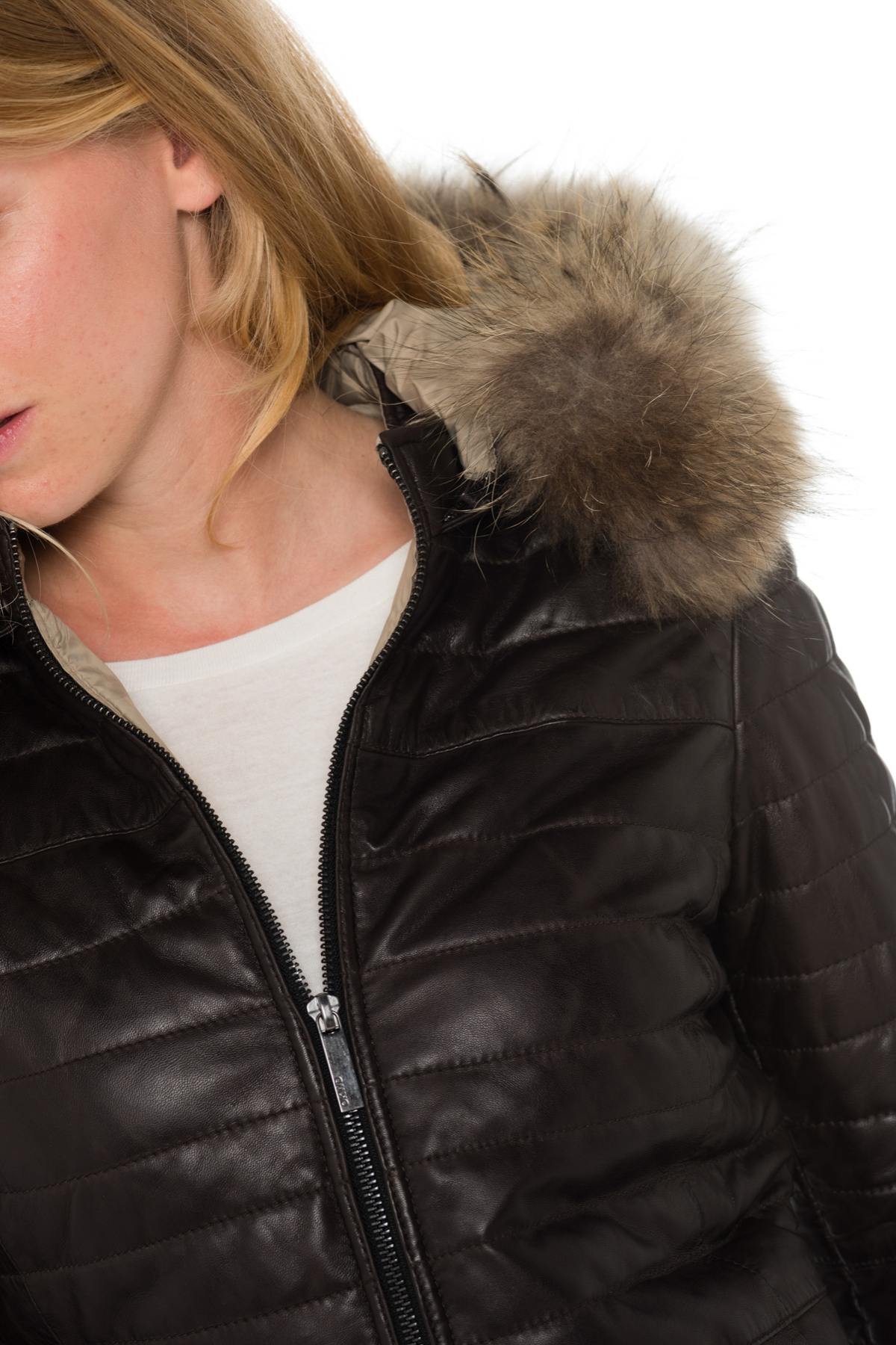 Mid-length chocolate-colored down jacket in sheepskin - Image n°6